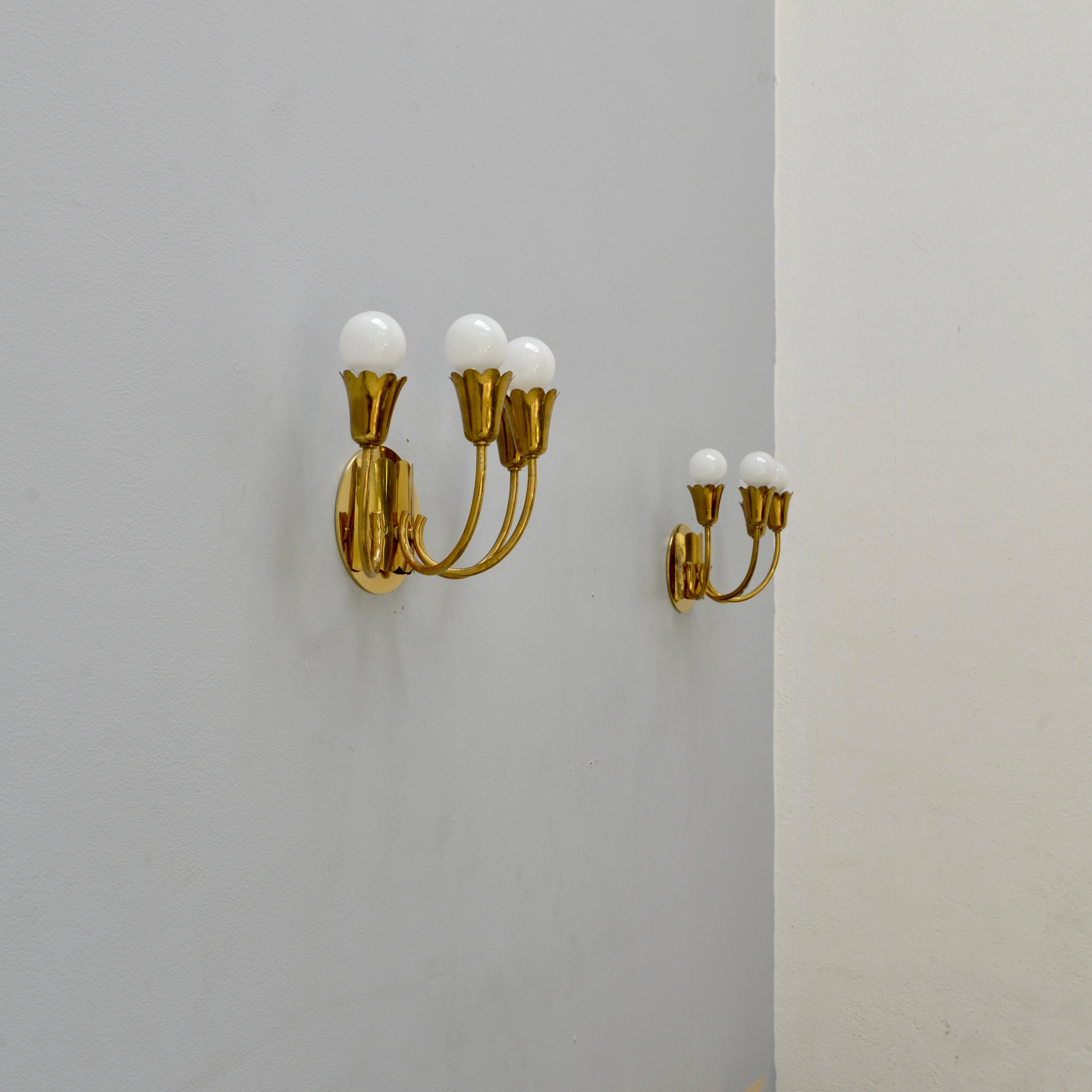 Pair of all brass Mid-century Italian 4 arm botanical sconces from the 1950s. These sconces are in their original lightly patinated brass finish. Original finish. They are restored with wiring of 4 E12 candelabra based sockets per sconce, for use in