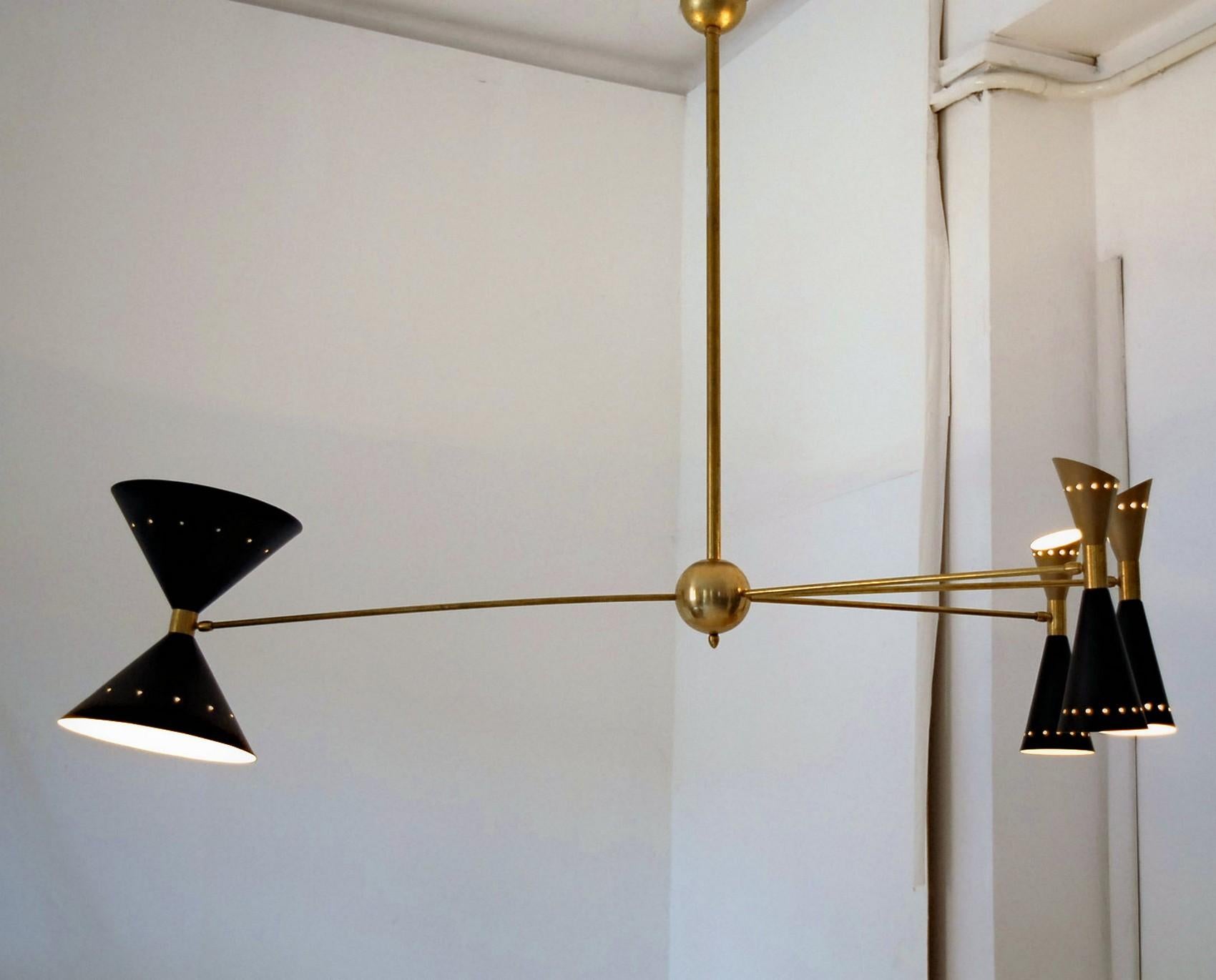 Four-Arm Brass Asymmetrical Chandelier, Black Gold Pivot Shades, Stilnovo Style For Sale 7