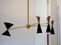 Four-Arm Brass Asymmetrical Chandelier, Black Gold Pivot Shades, Stilnovo Style