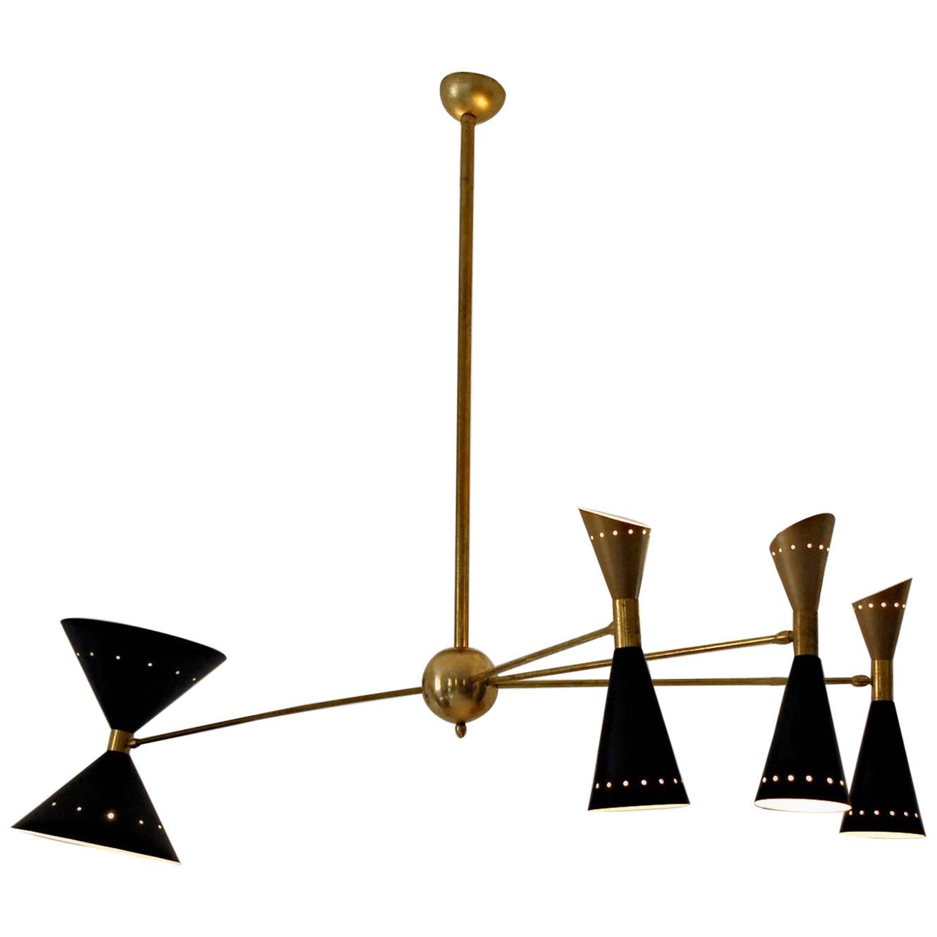 Four-Arm Brass Asymmetrical Chandelier, Black Gold Pivot Shades, Stilnovo Style