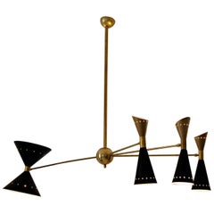 Four-Arm Brass Asymmetrical Chandelier, Black Gold Pivot Shades, Stilnovo Style