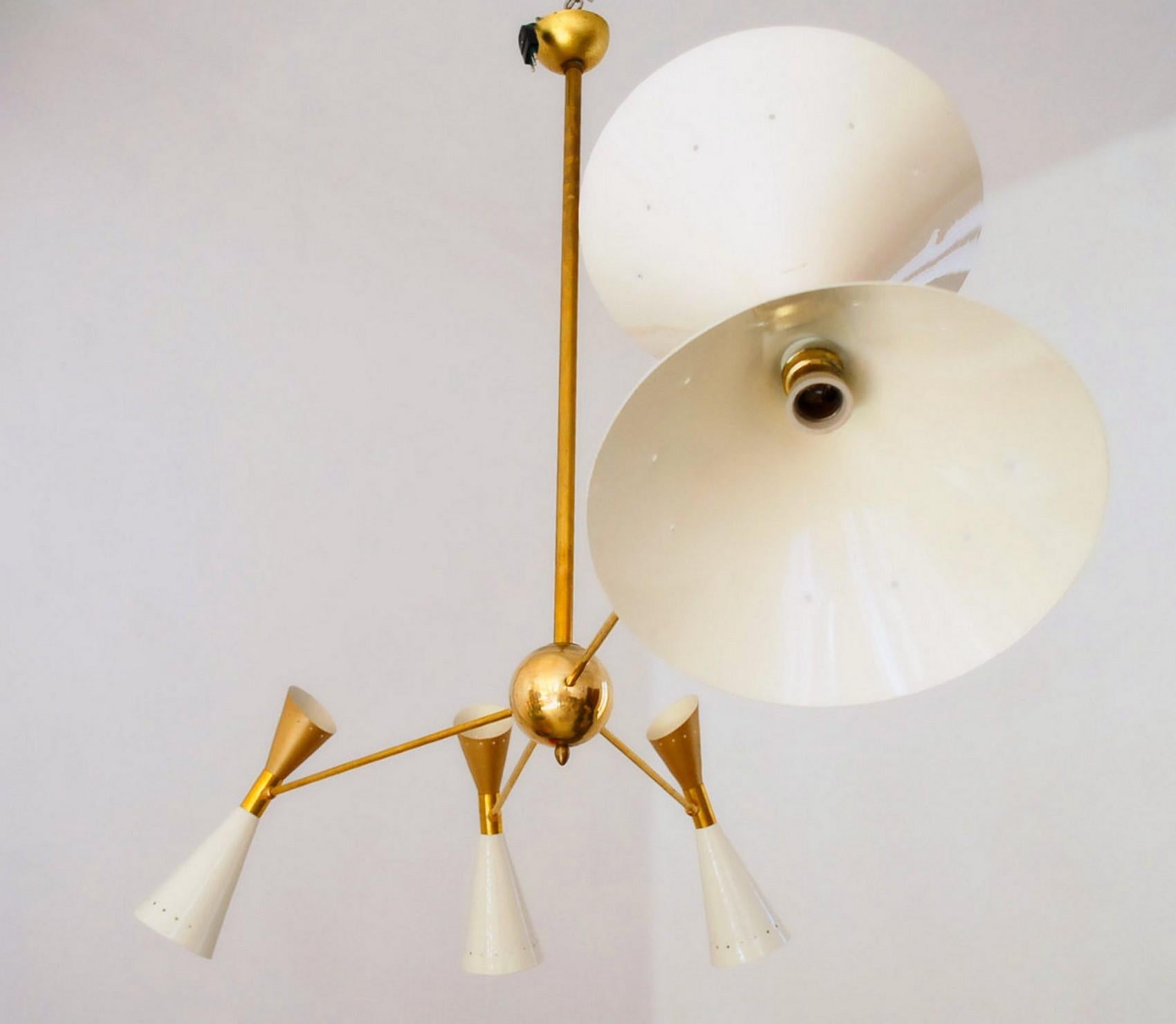 Four-Arm Brass Asymmetrical Chandelier, Ivory Gold Pivot Shades, Stilnovo Style For Sale 2