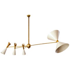 Four-Arm Brass Asymmetrical Chandelier, Ivory Gold Pivot Shades, Stilnovo Style