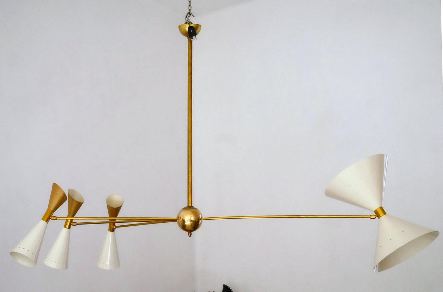 Mid-Century Modern Four-Arm Brass Asymmetrical Chandelier, Ivory Gold Pivot Shades, Stilnovo Style For Sale