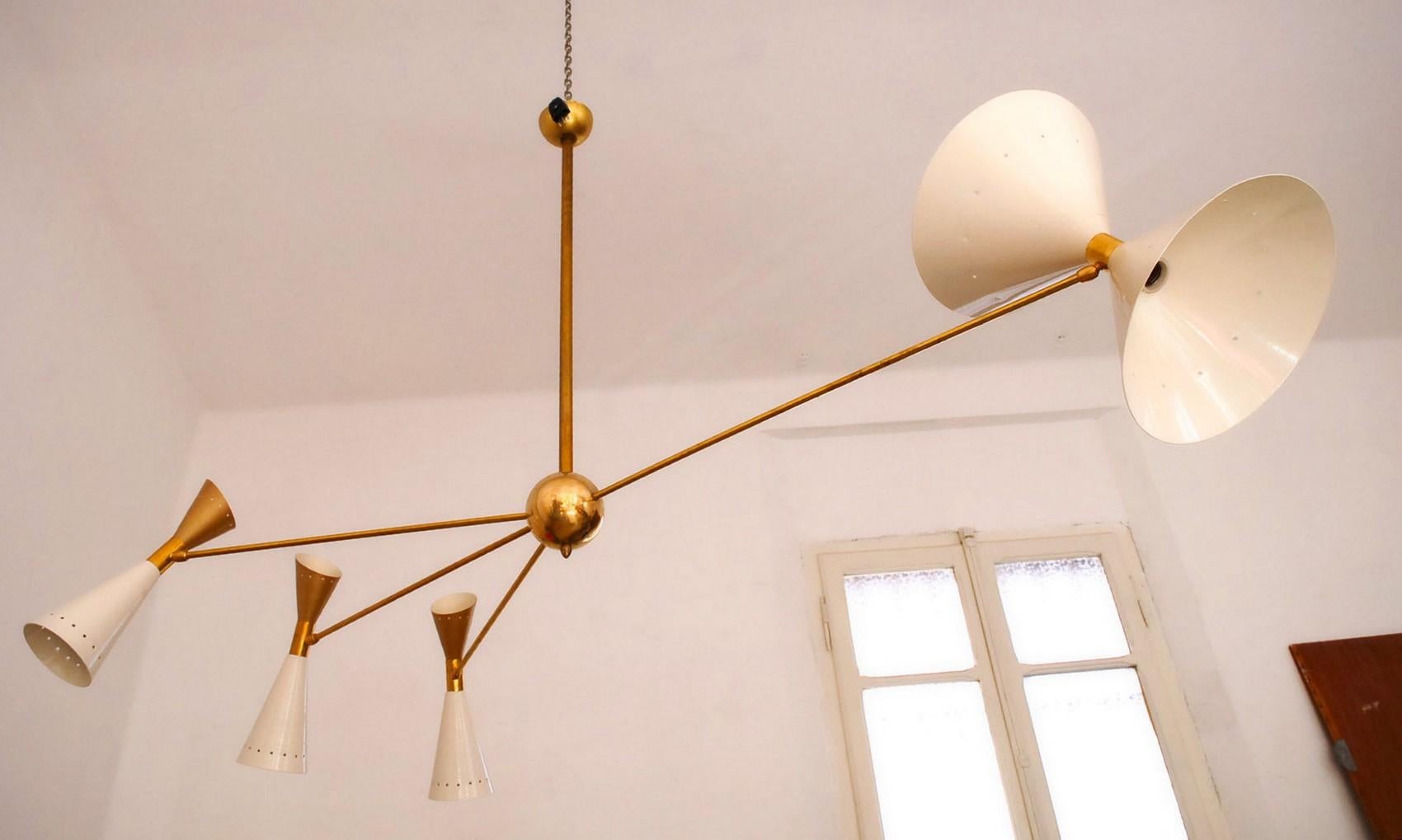 Italian Four-Arm Brass Asymmetrical Chandelier, Ivory Gold Pivot Shades, Stilnovo Style For Sale