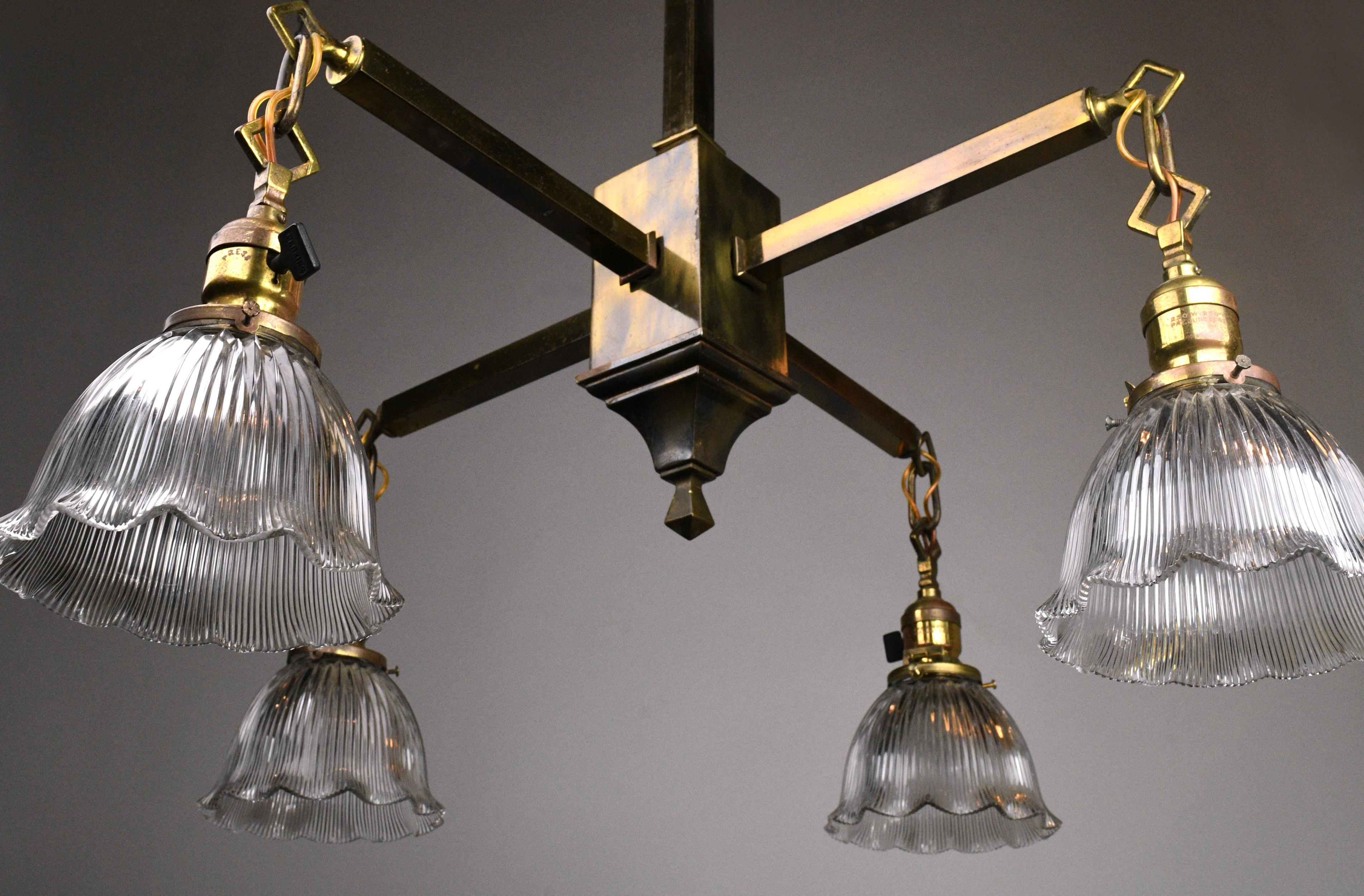 Early 20th Century Four Arm Brass Mission Chandelier with Holophane Shades