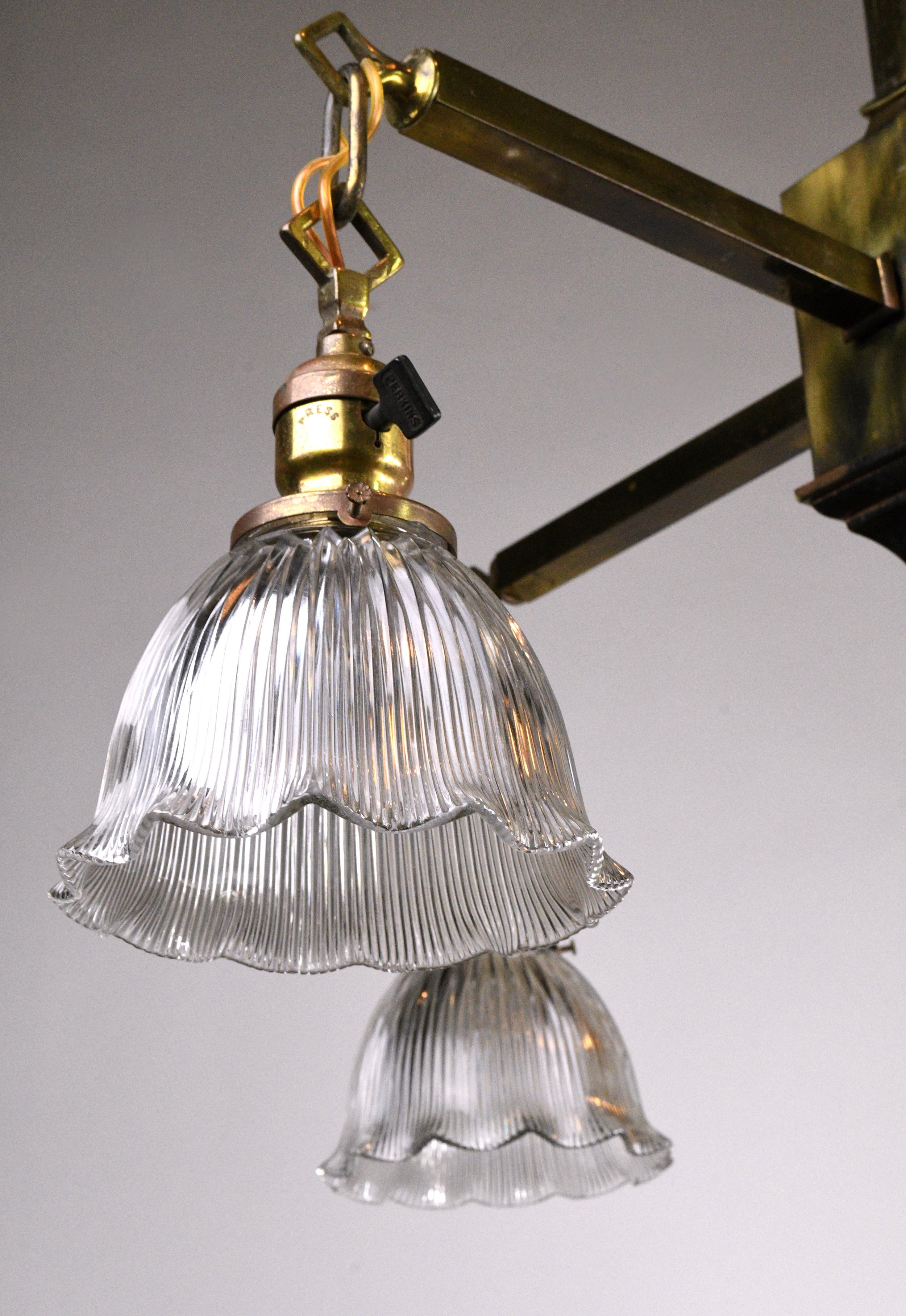 Four Arm Brass Mission Chandelier with Holophane Shades 1