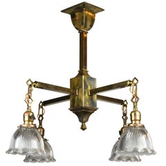 Antique Four Arm Brass Mission Chandelier with Holophane Shades