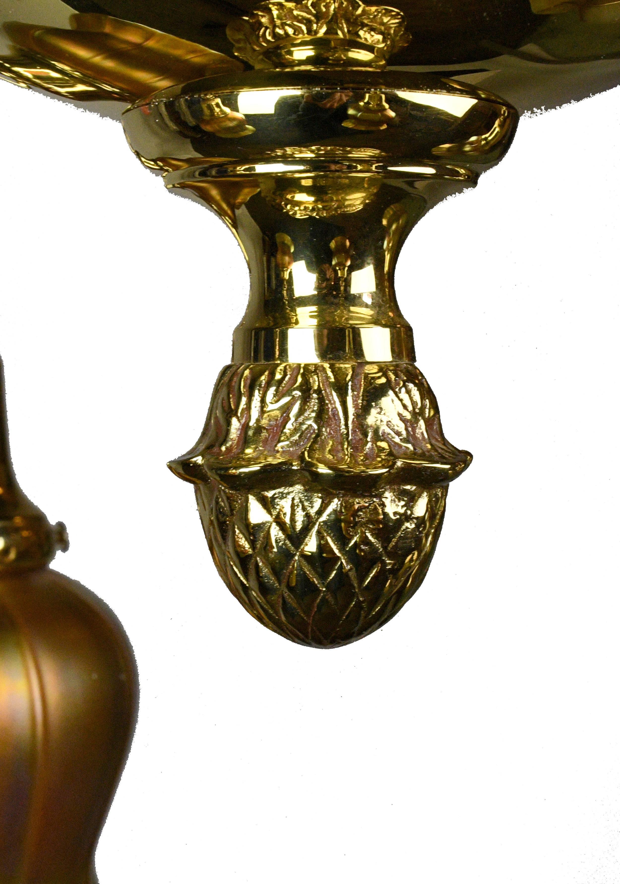 Four Arm Brass Victorian Chandelier with Quezal Shades 3