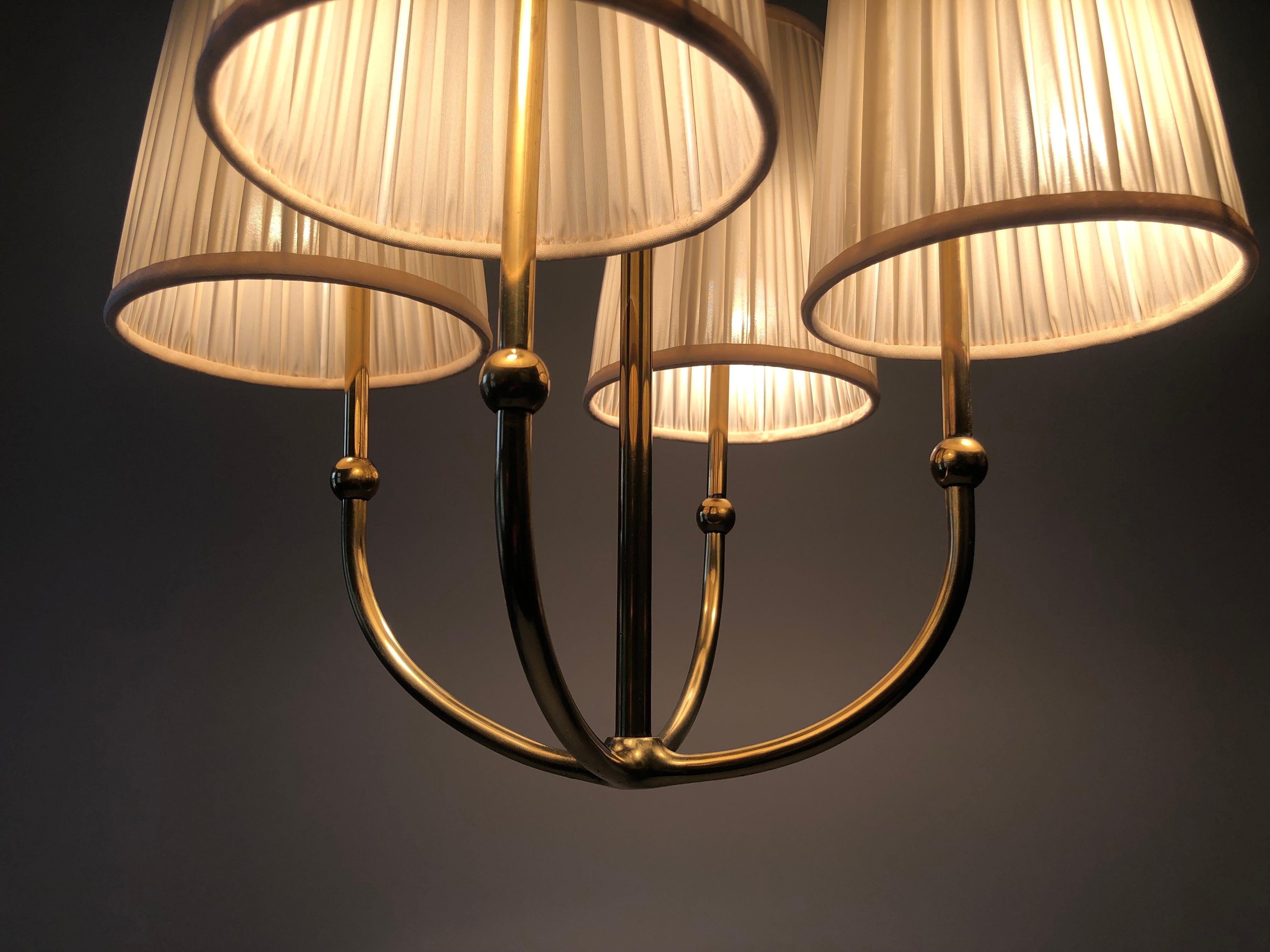 Four Arm Chandelier in Brass with Silk Shades , 1930's, Austria For Sale 4