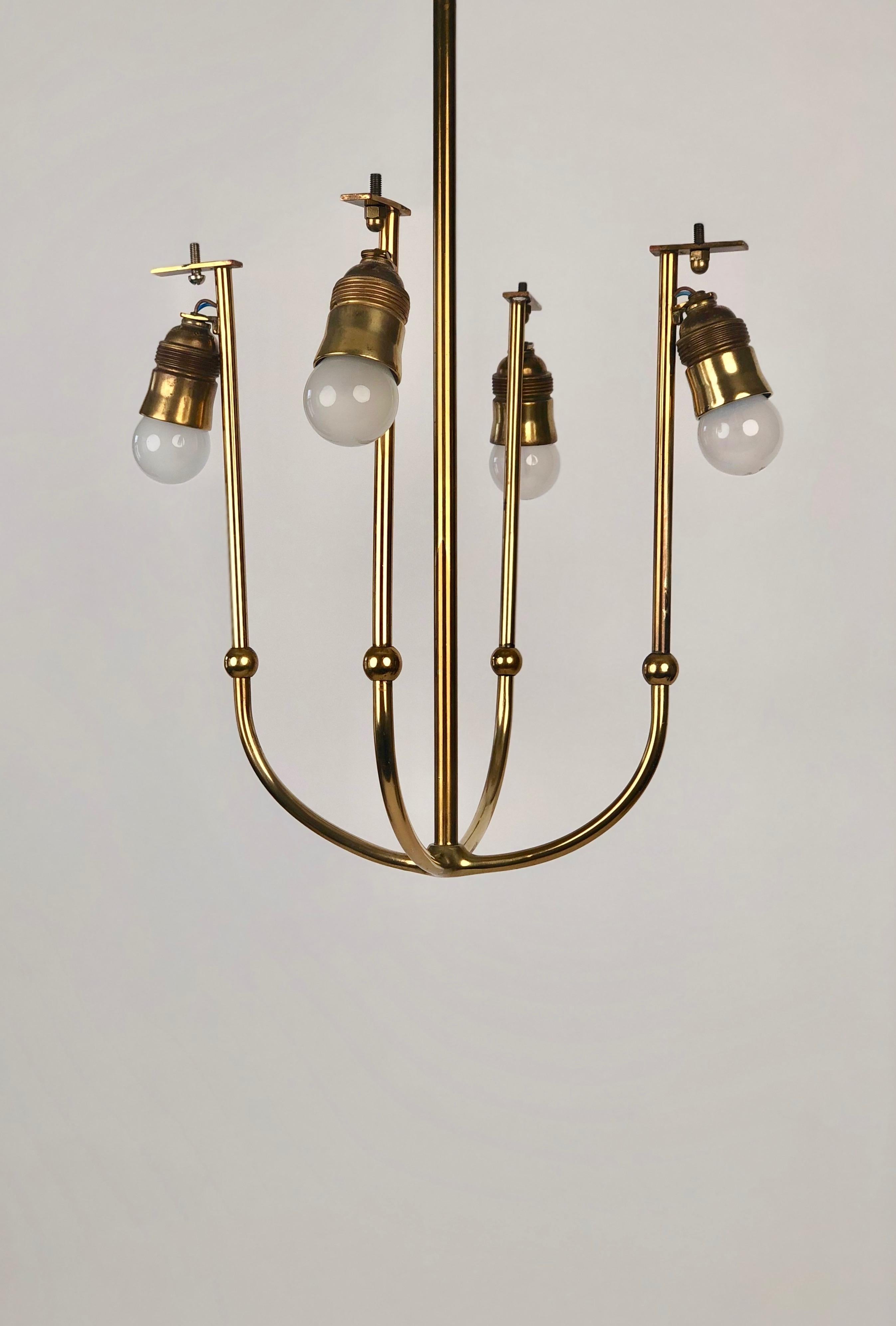 Four Arm Chandelier in Brass with Silk Shades , 1930's, Austria For Sale 6