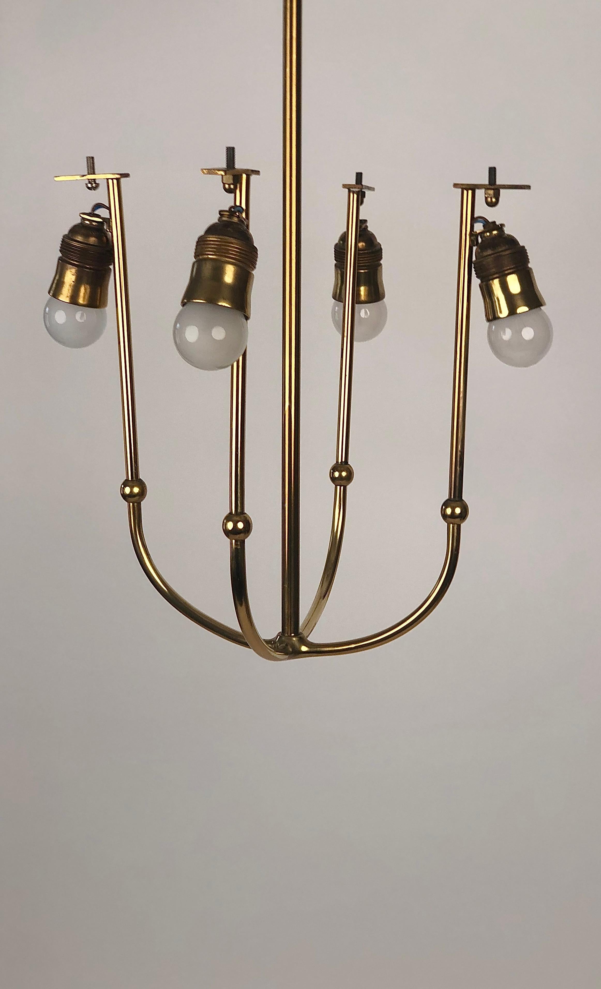 Four Arm Chandelier in Brass with Silk Shades , 1930's, Austria For Sale 8