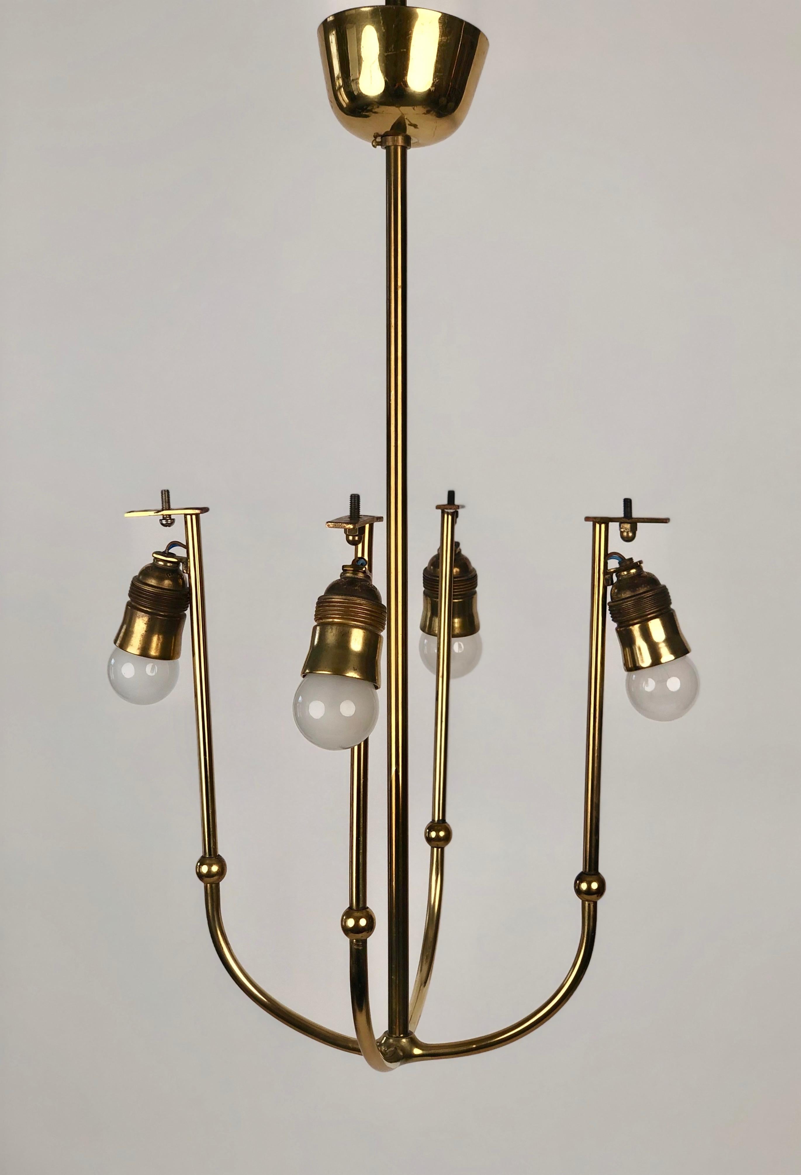 Four Arm Chandelier in Brass with Silk Shades , 1930's, Austria For Sale 9