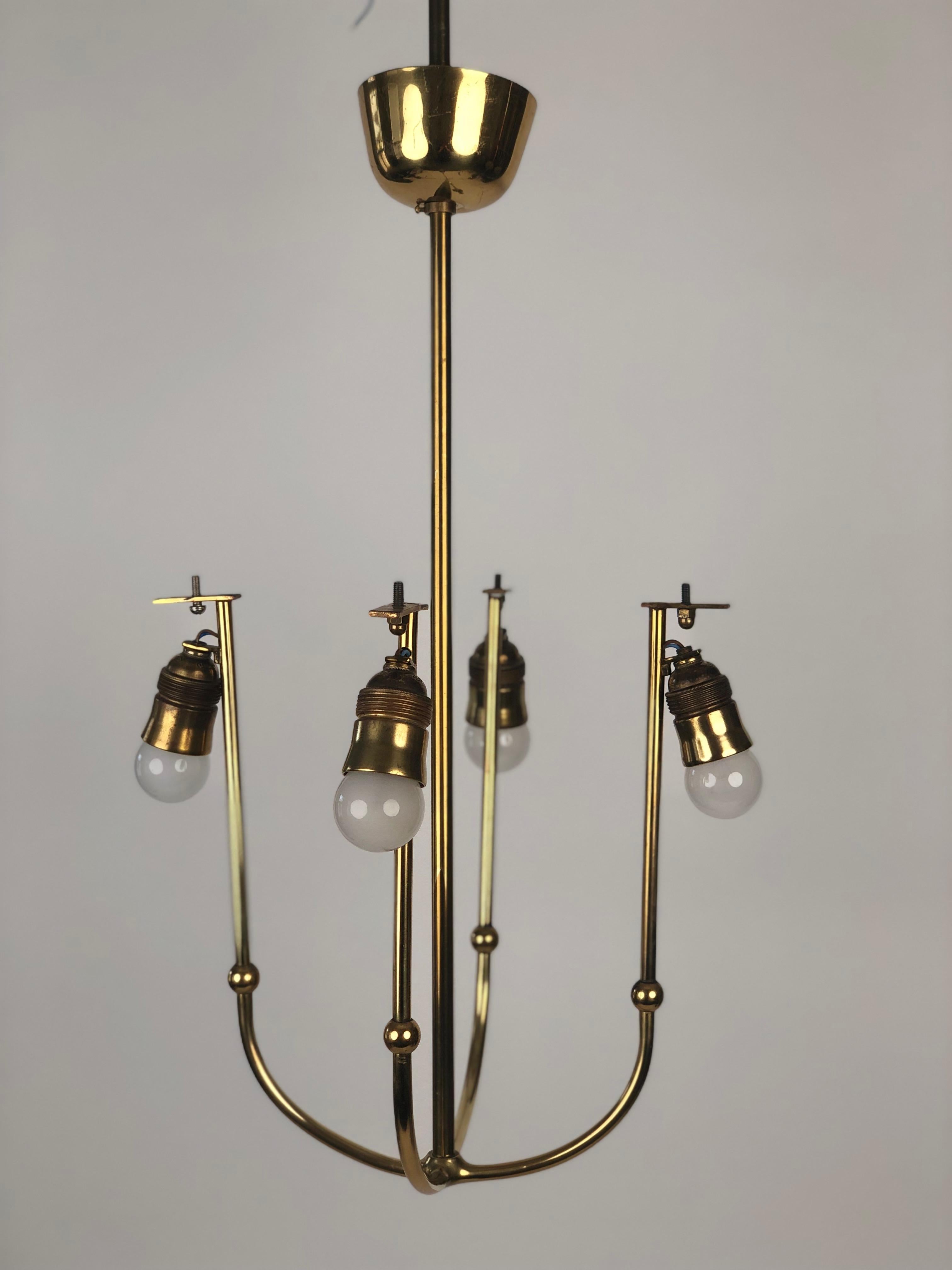 Four Arm Chandelier in Brass with Silk Shades , 1930's, Austria For Sale 10
