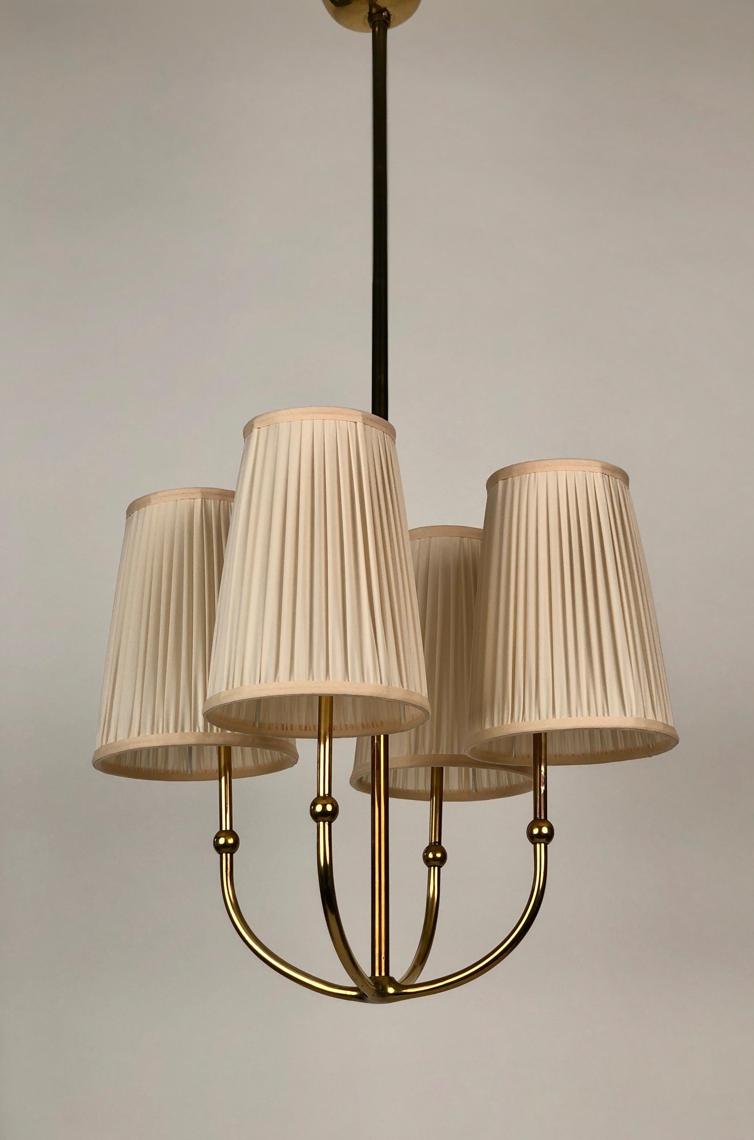 Polished Four Arm Chandelier in Brass with Silk Shades , 1930's, Austria For Sale