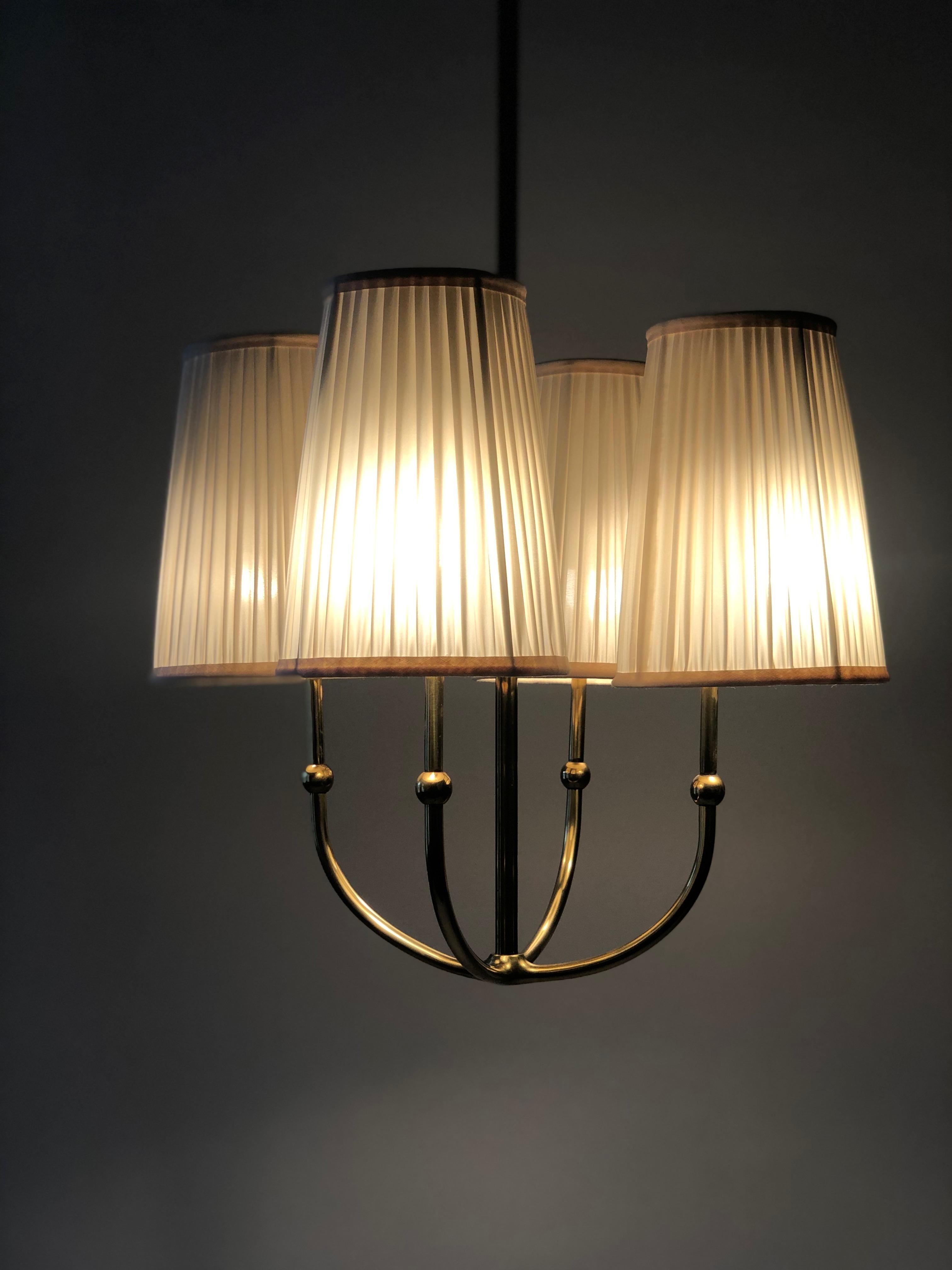 Mid-20th Century Four Arm Chandelier in Brass with Silk Shades , 1930's, Austria For Sale