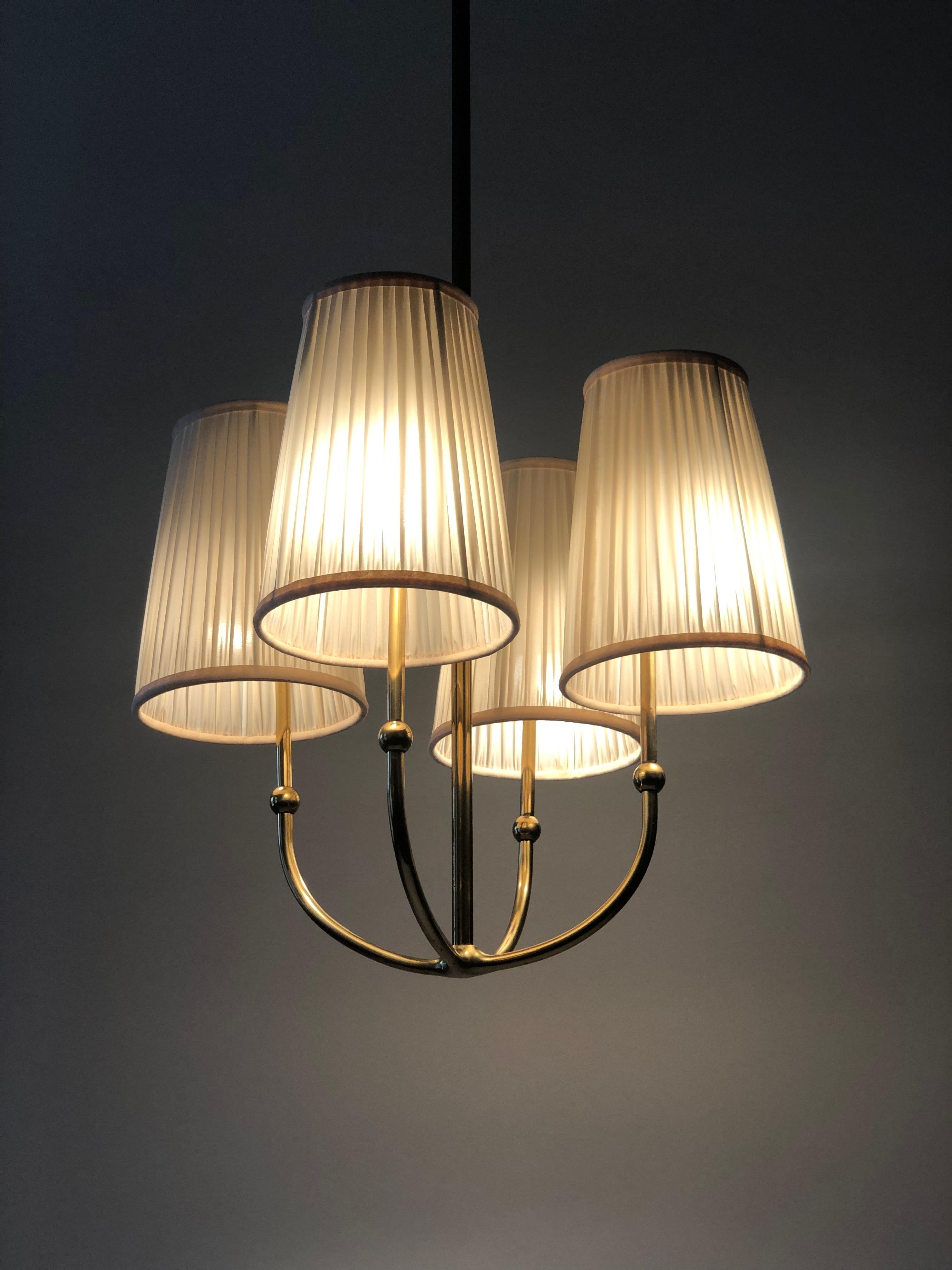 Four Arm Chandelier in Brass with Silk Shades , 1930's, Austria For Sale 1