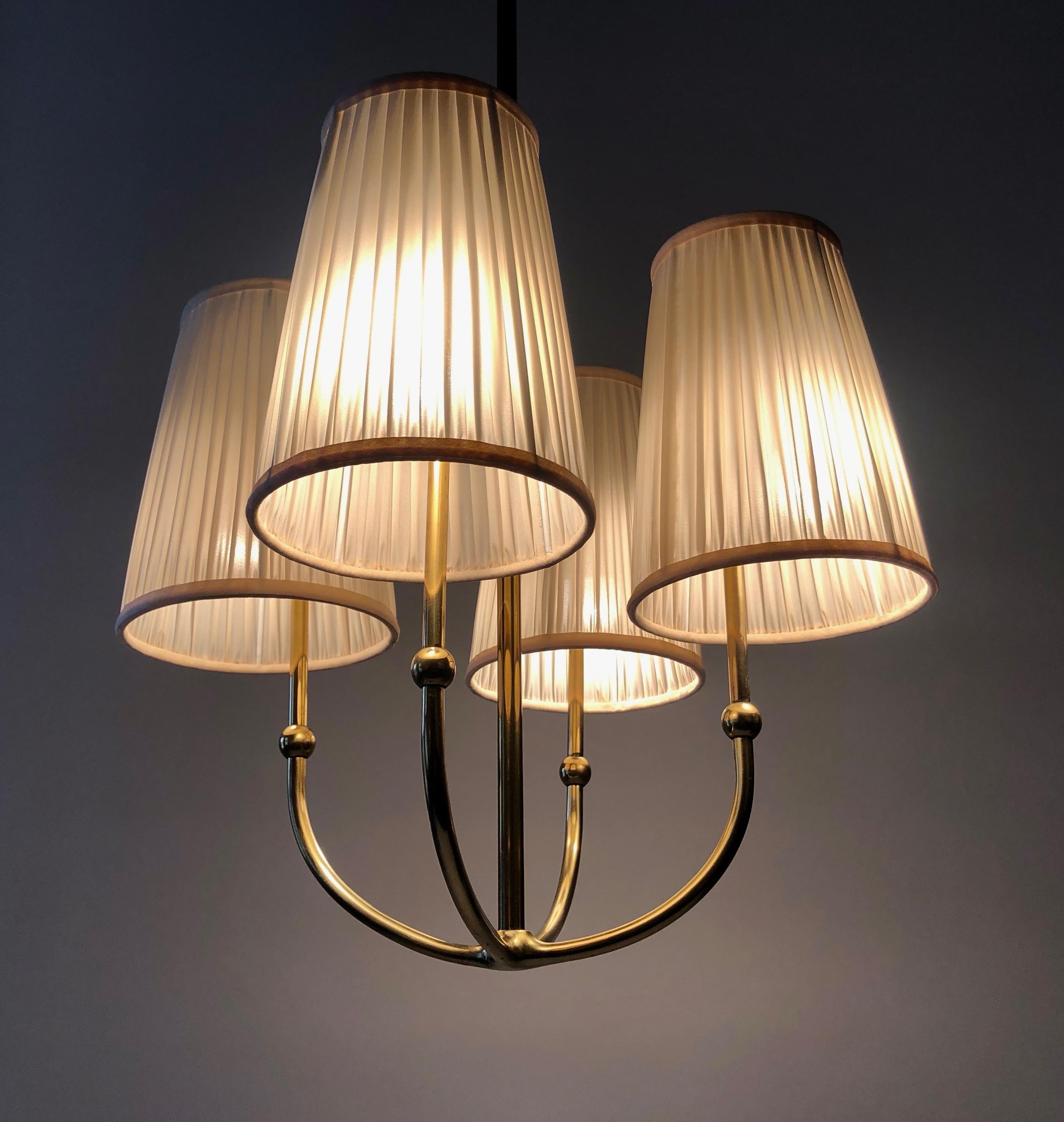 Four Arm Chandelier in Brass with Silk Shades , 1930's, Austria For Sale 2