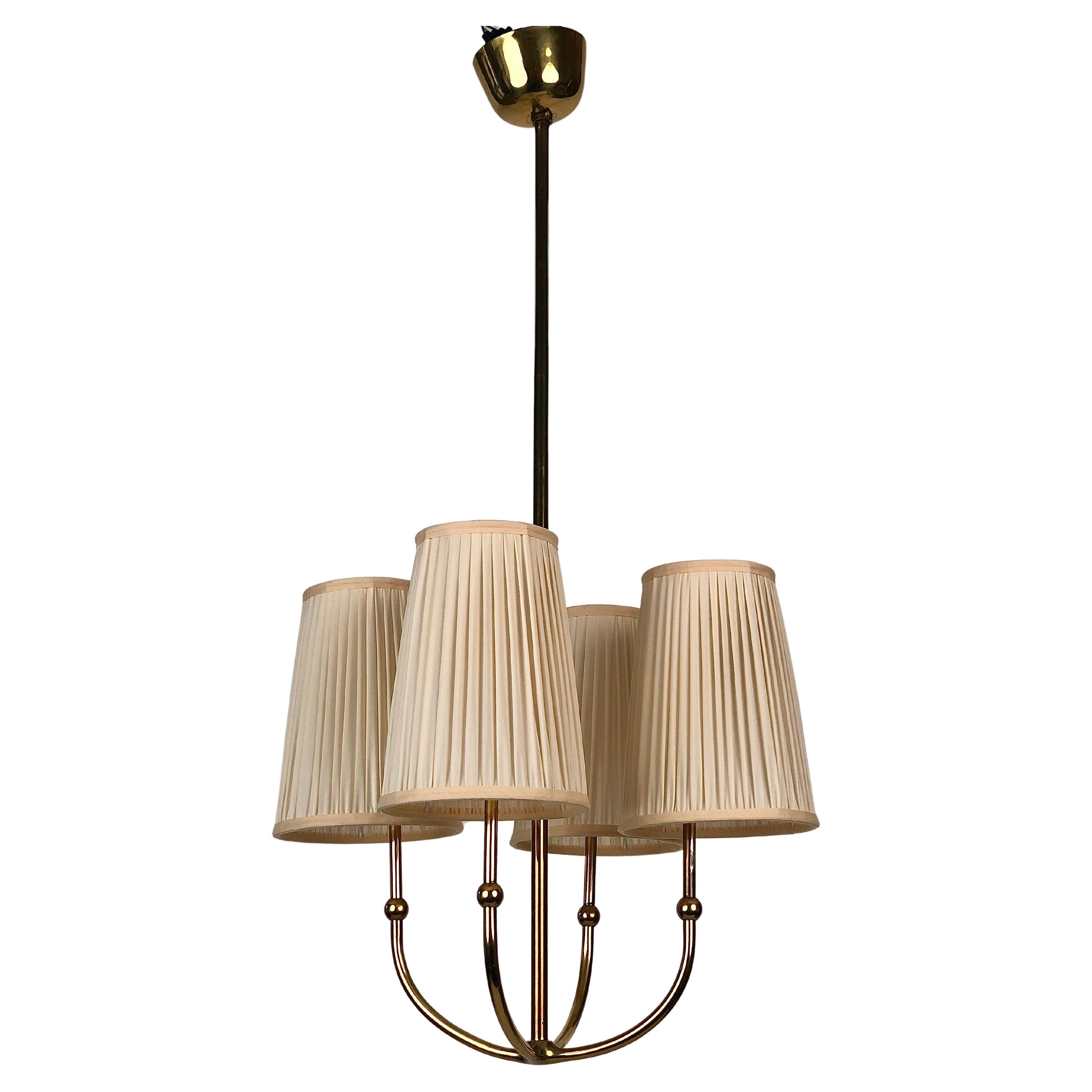 Four Arm Chandelier in Brass with Silk Shades , 1930's, Austria For Sale