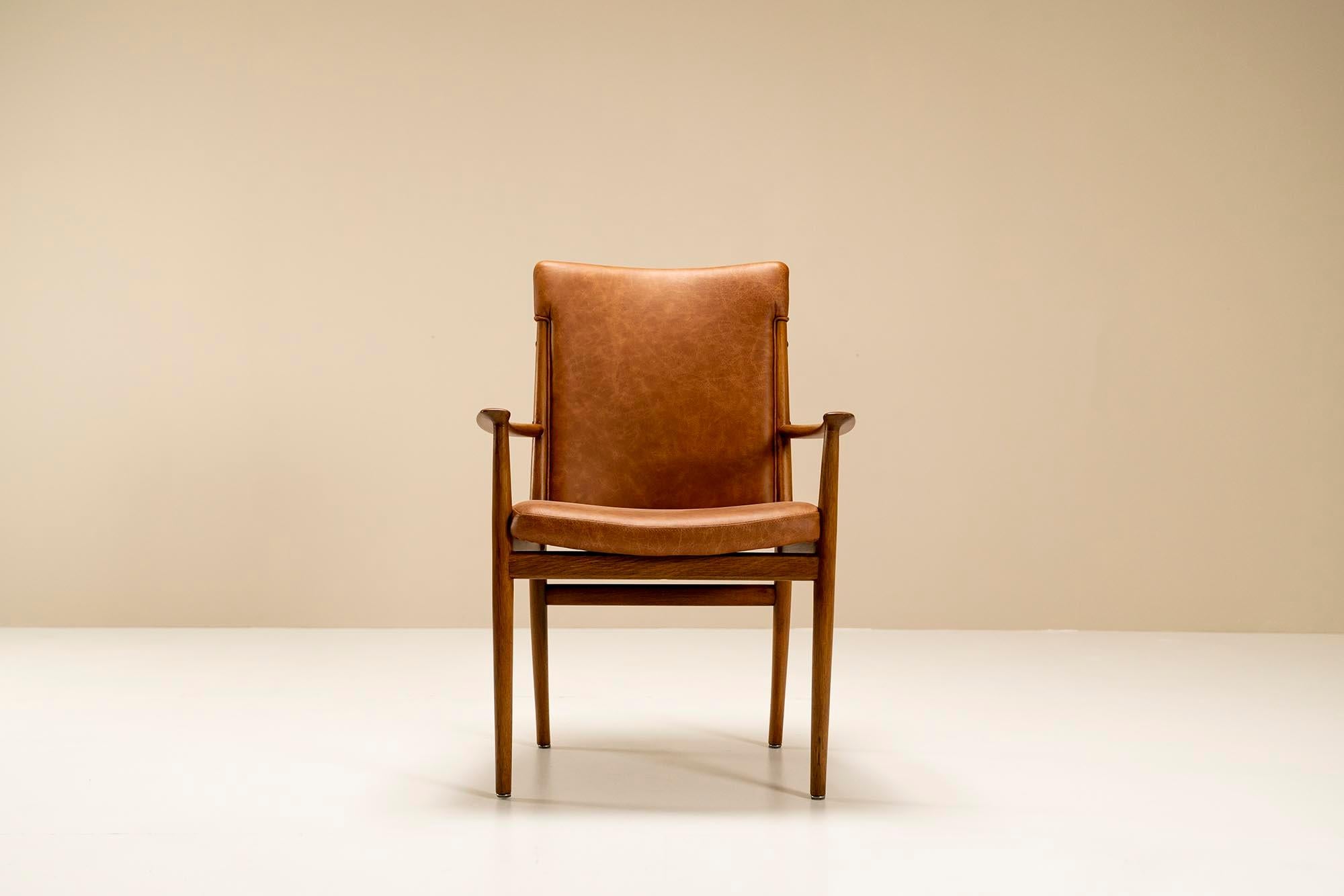 Scandinavian Modern Four Armchairs in Ash Wood and Leather by Kai Lyngfeldt Larsen, Denmark, 1960s For Sale
