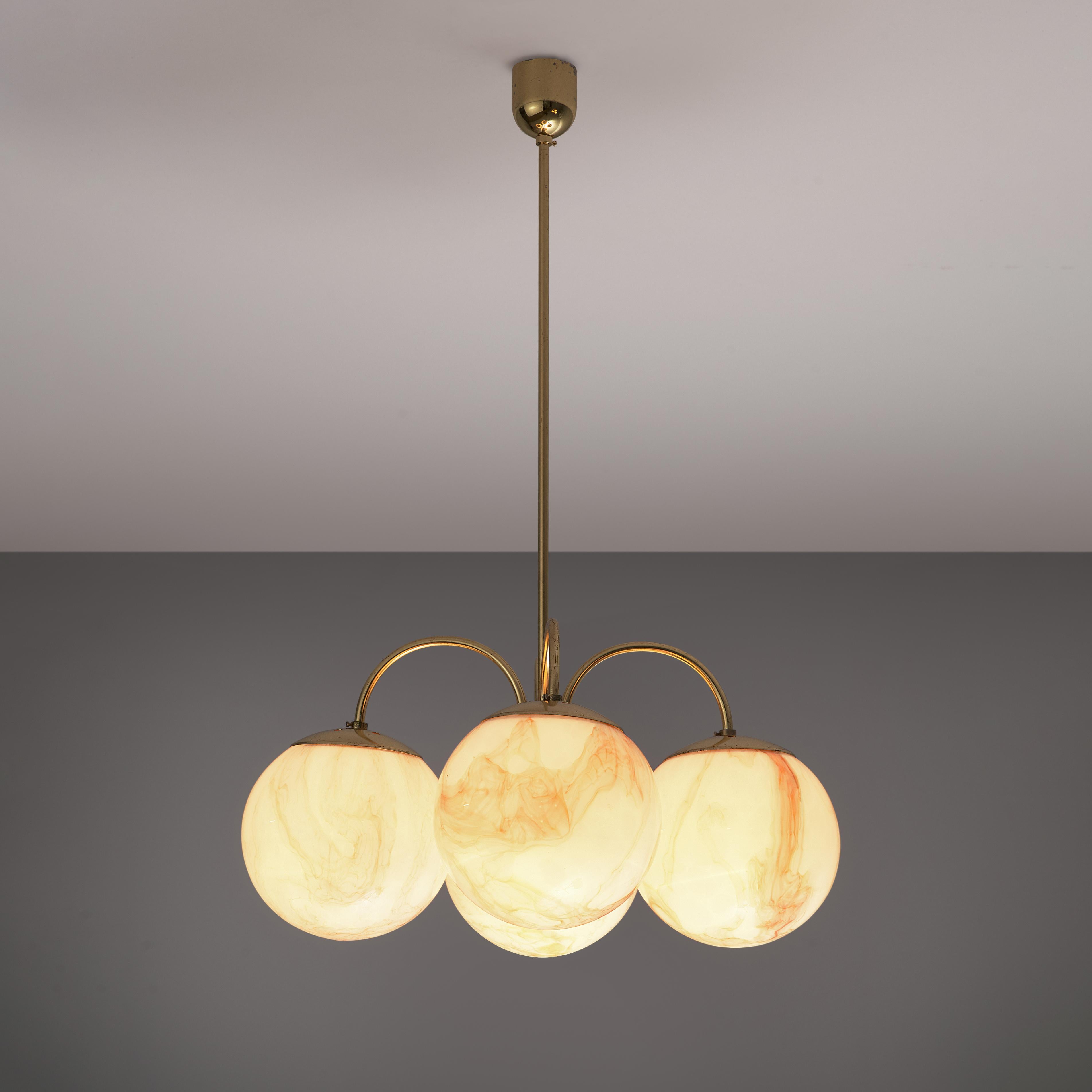 Czech Chandelier with Marble Glass Spheres and Brass 