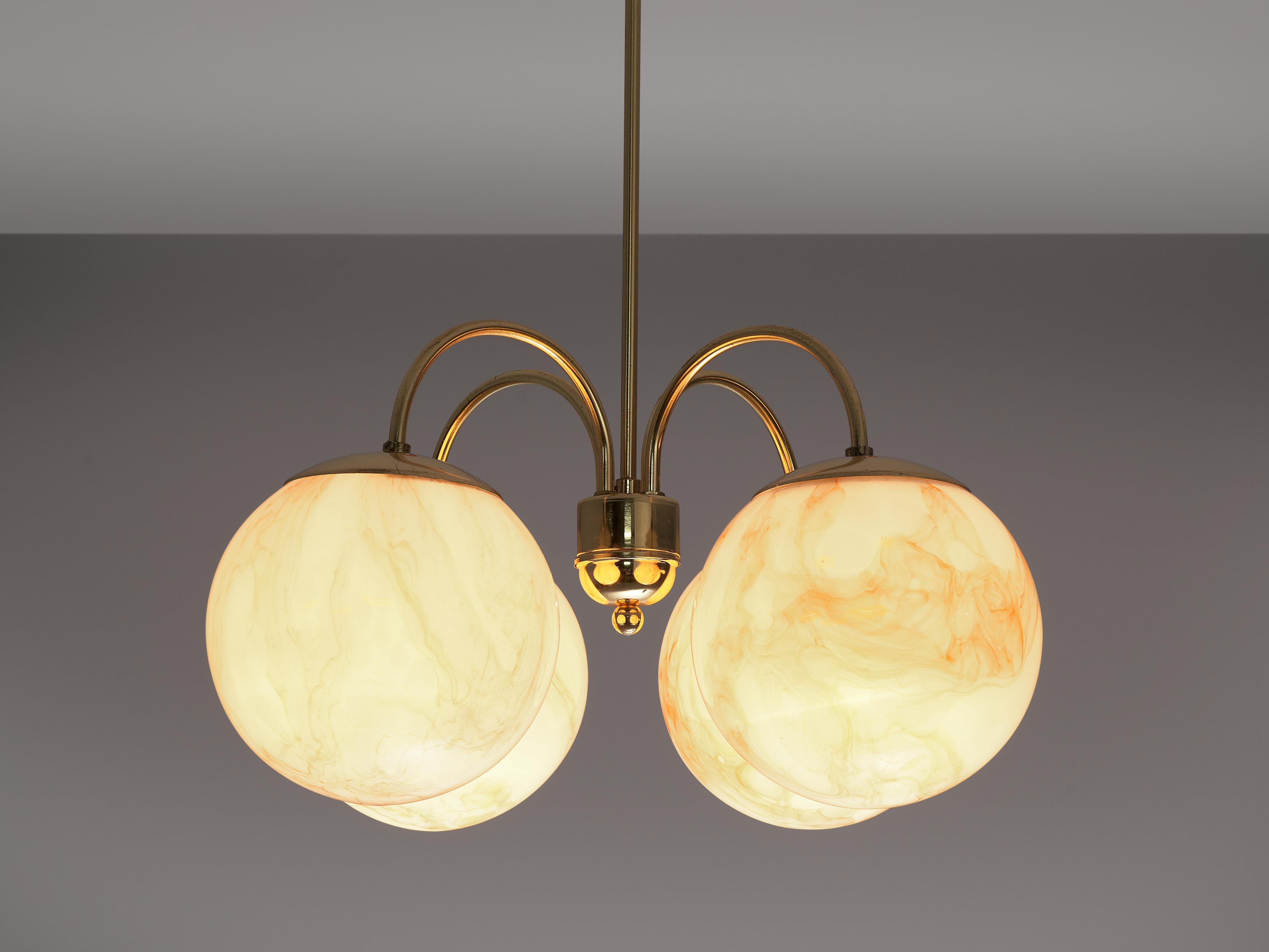 Mid-20th Century Chandelier with Marble Glass Spheres and Brass 