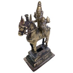 Antique Four Armed Shiva on Horse Holding Uma, Brass Bronze, India, 19th Century