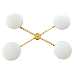 Four Arms Radial Ceiling Light Made of Brass and Glass, Italian Mid- Century