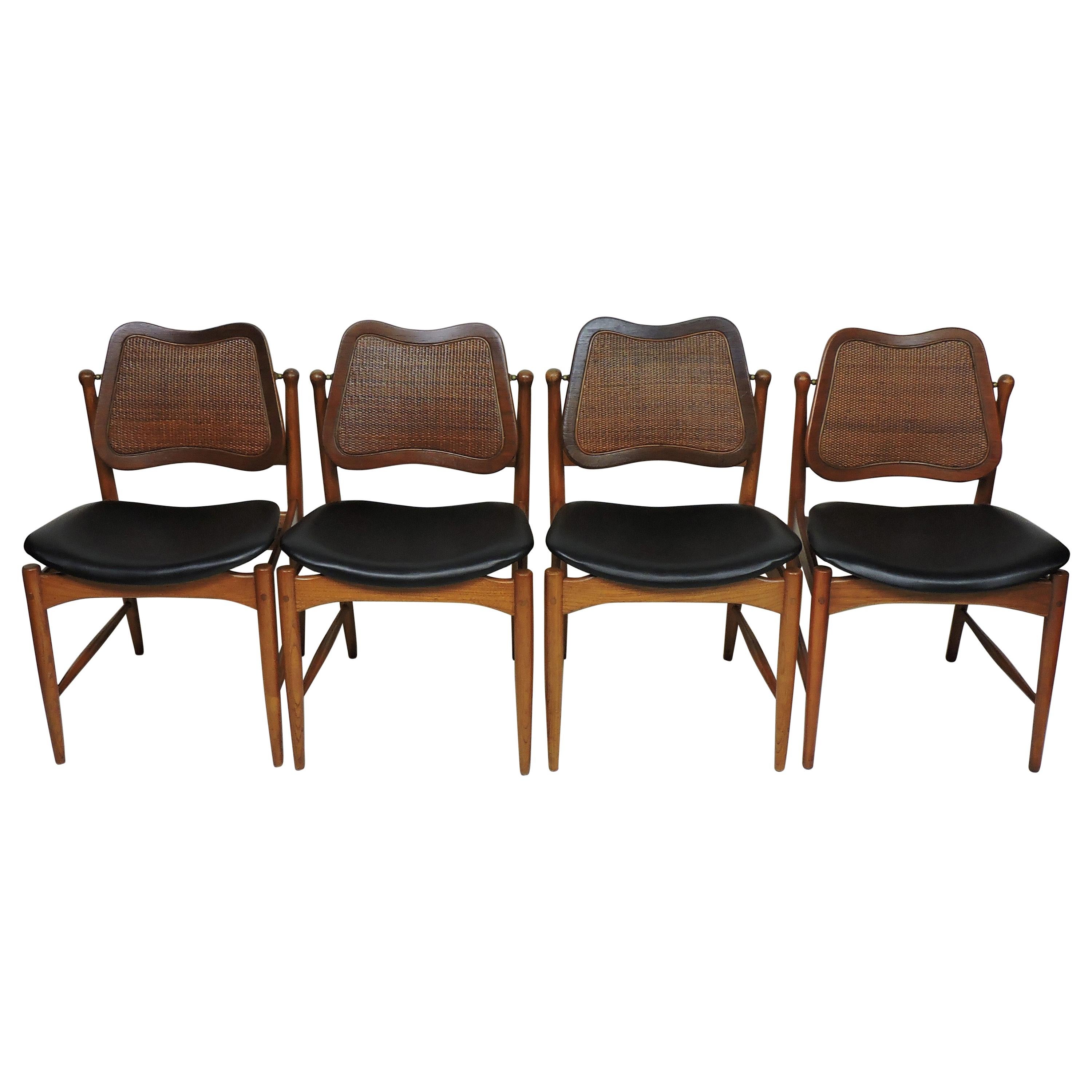 Four Arne Vodder Midcentury Danish Modern Teak and Cane Dining Chairs