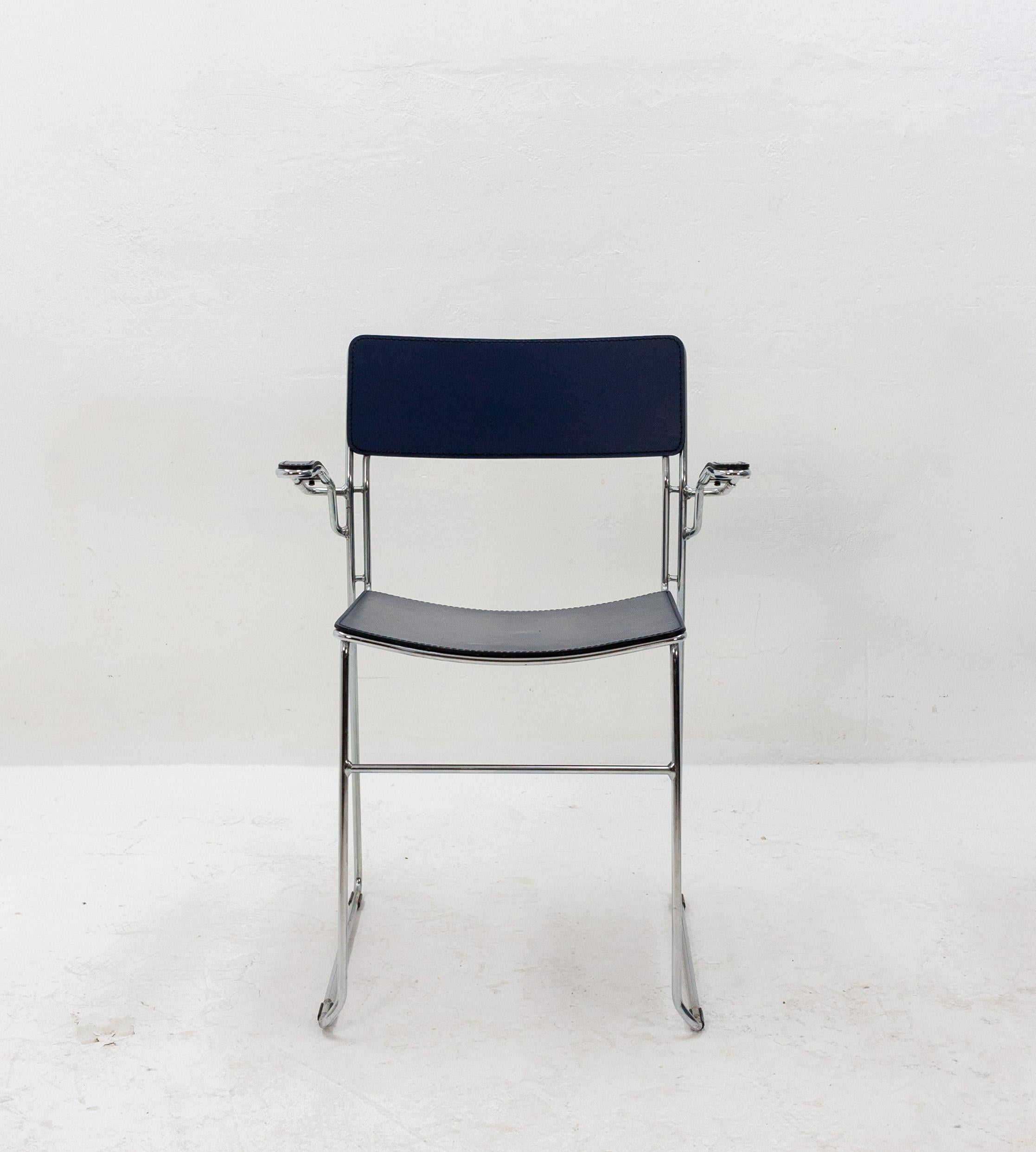 Four Arrben Sultana Chairs in Dark Blue Leather, Italy, 1980s 2