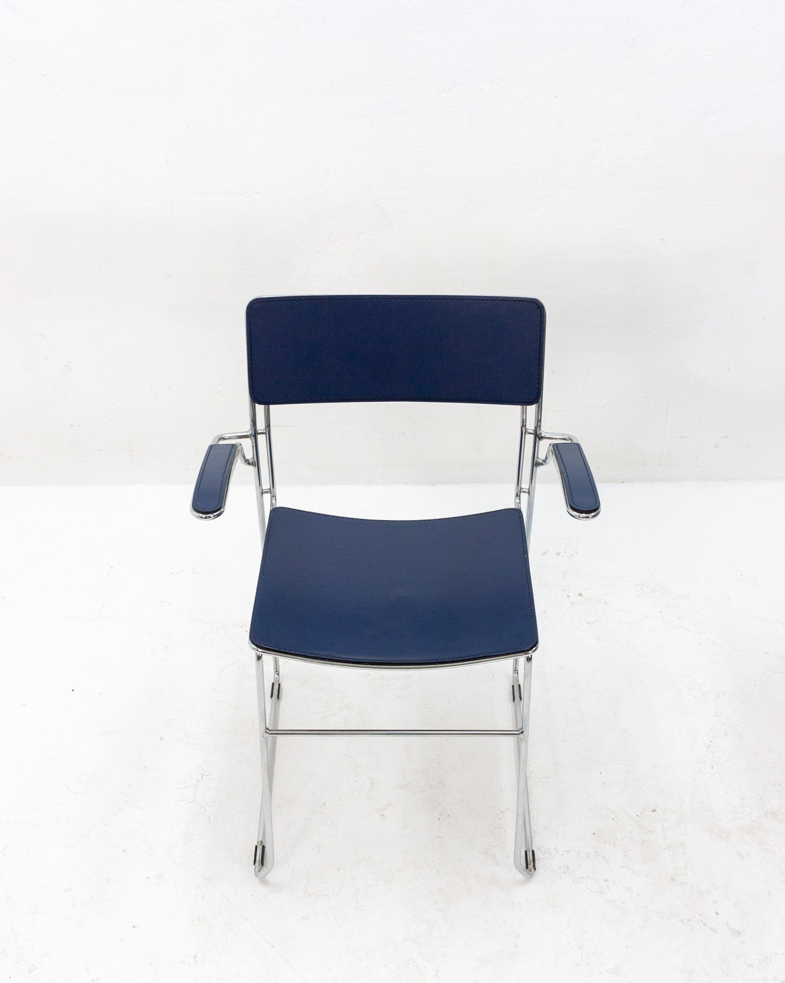 Four Arrben Sultana Chairs in Dark Blue Leather, Italy, 1980s 3