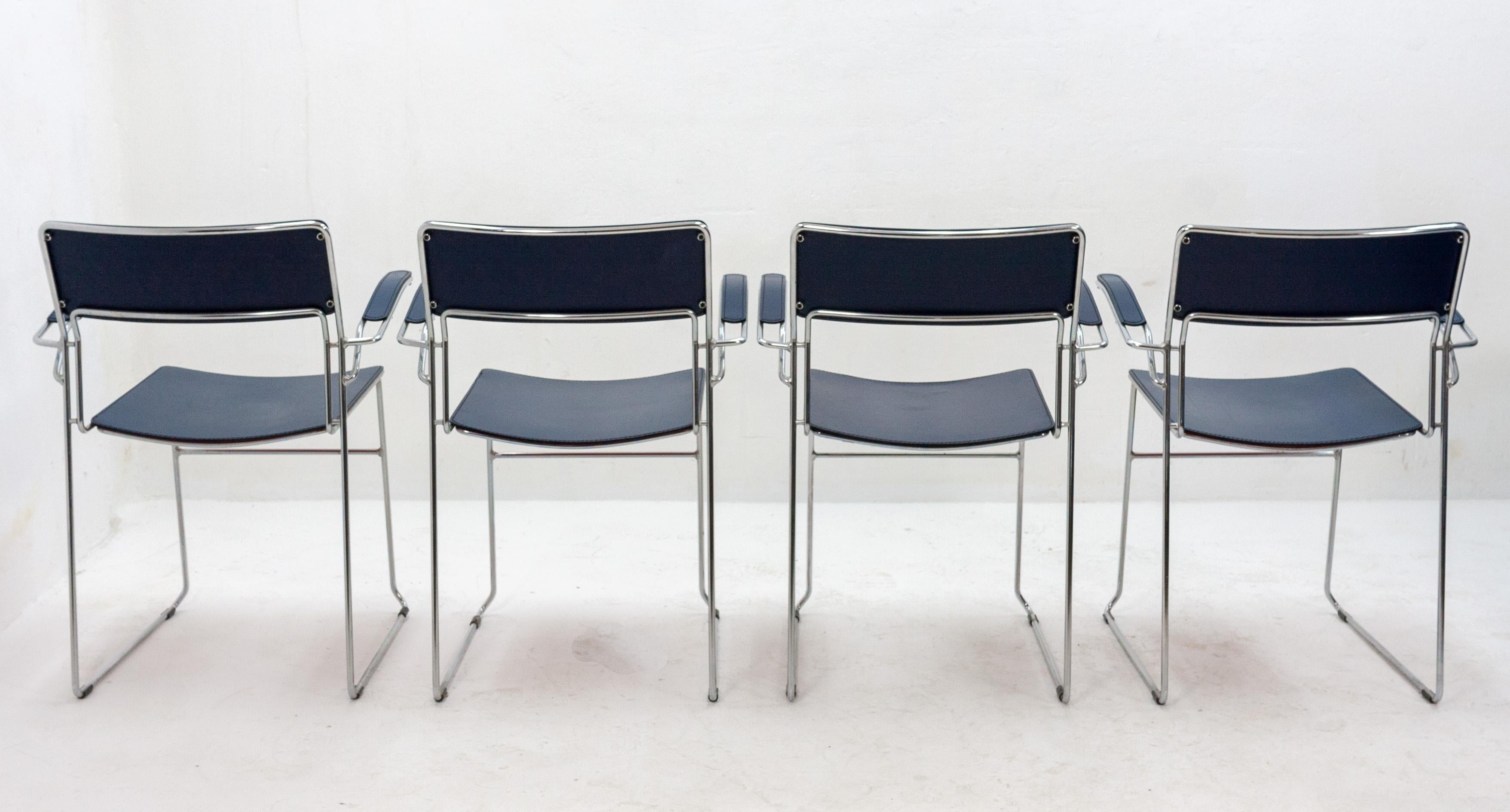 Four Arrben Sultana Chairs in Dark Blue Leather, Italy, 1980s 4