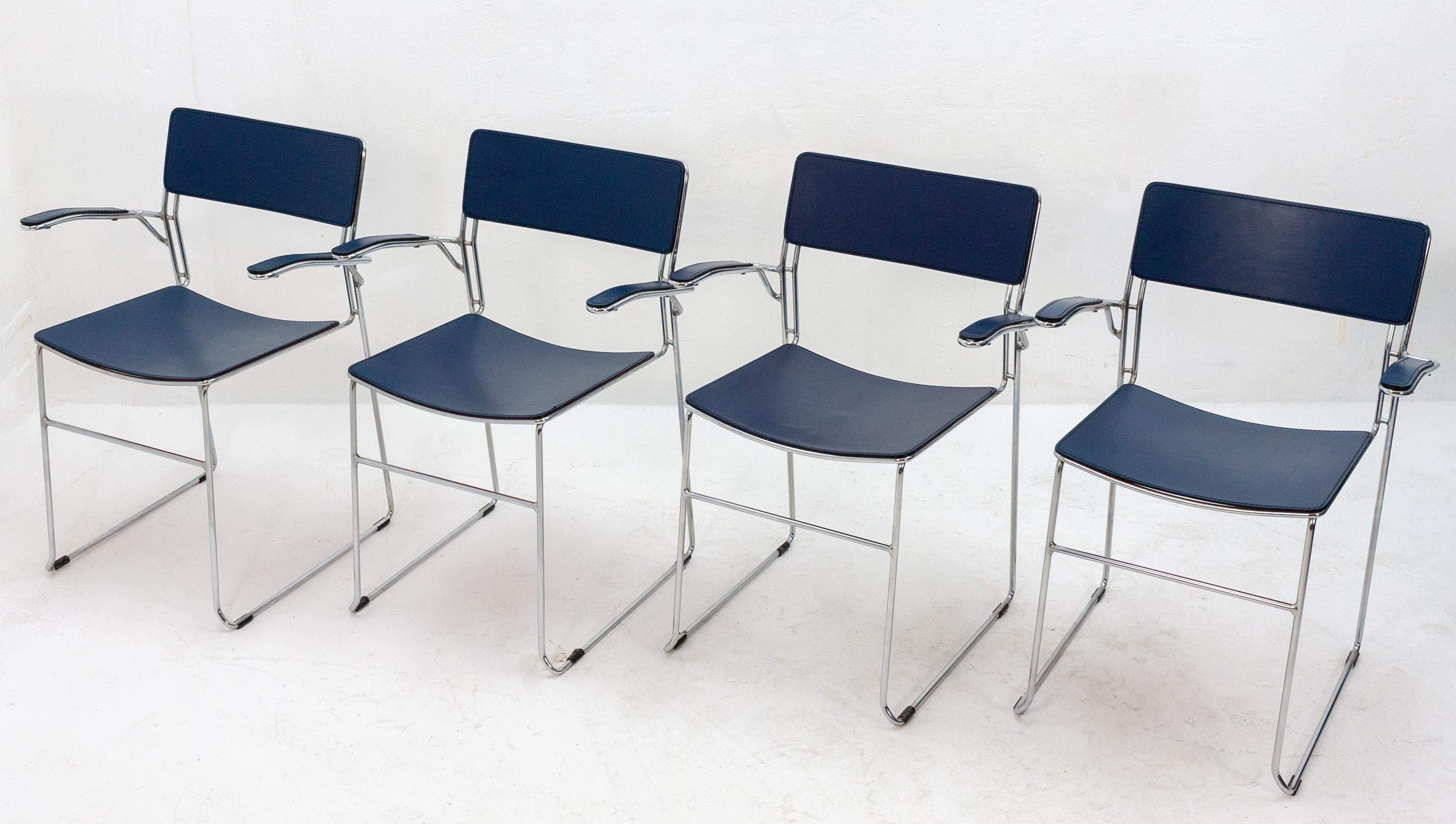 Four Arrben Sultana Chairs in Dark Blue Leather, Italy, 1980s 5