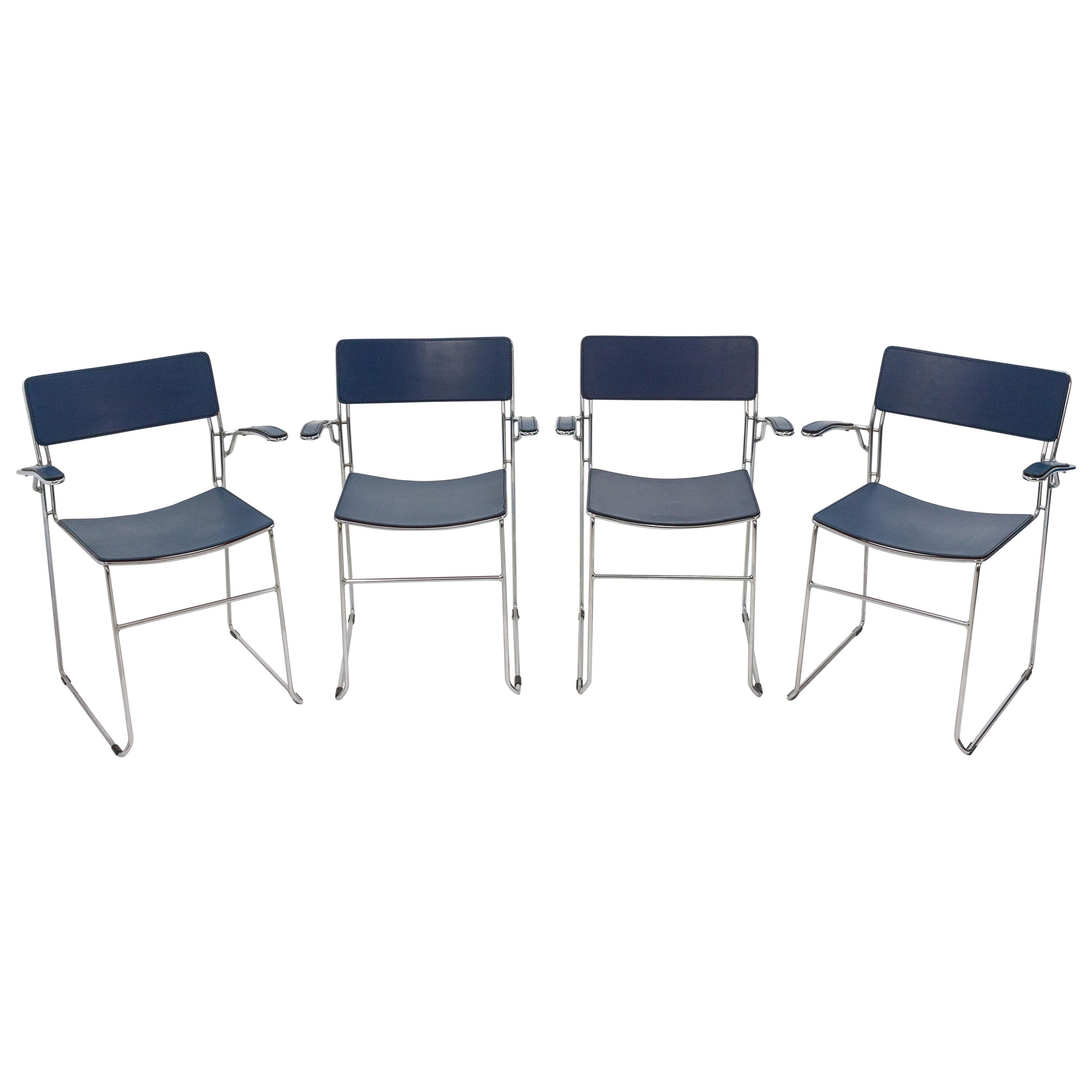 Four Arrben Sultana Chairs in Dark Blue Leather, Italy, 1980s