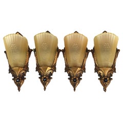 Four Art Deco Bronze Finish Slip Shade Wall Sconces c1920