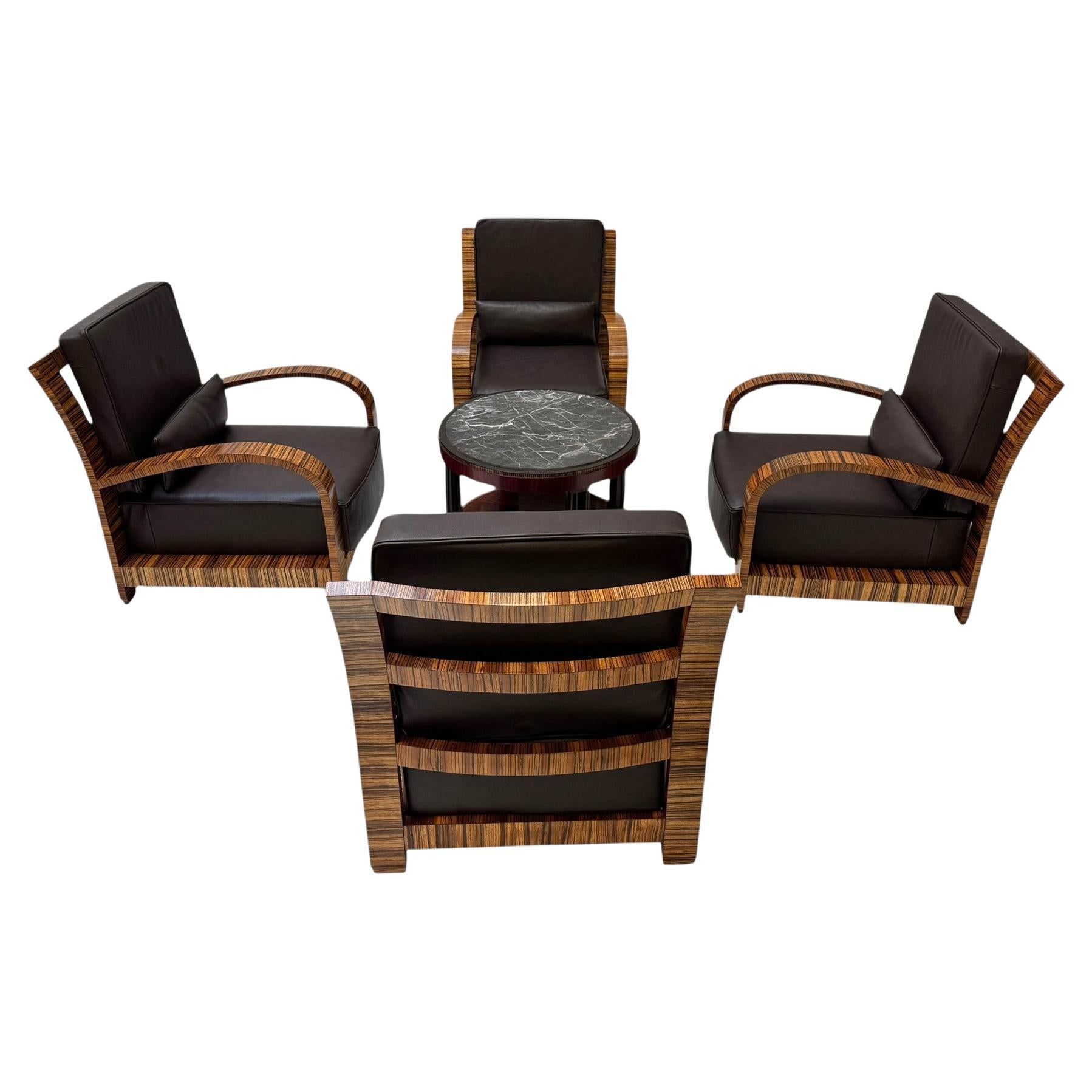 Four Art Deco Lounge Chairs with Leather Cushions France, 1930s