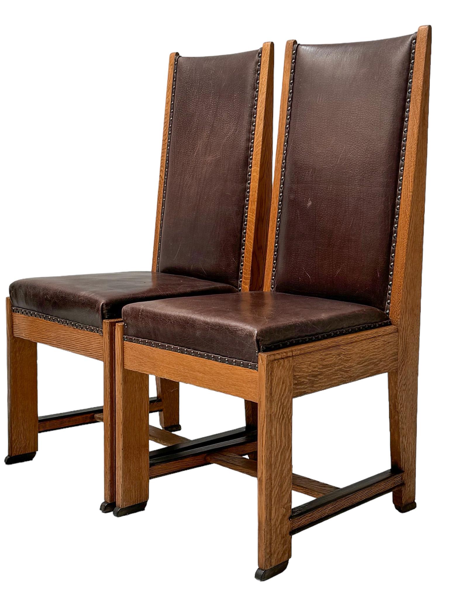 Early 20th Century Four Art Deco Modernist High Back Chairs with Leather Upholstery, 1920s For Sale