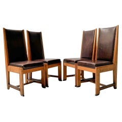 Four Art Deco Modernist High Back Chairs with Leather Upholstery, 1920s