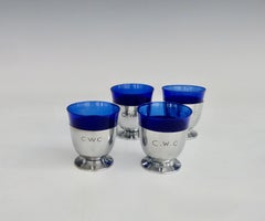 Four Art Deco Monogramed Chrome with Cobalt Blue Glass Cocktail Glasses
