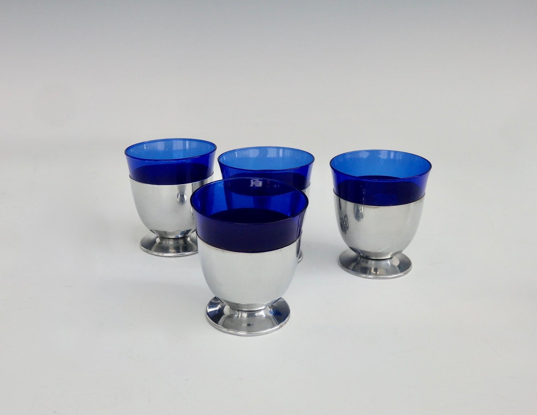 American Four Art Deco Monogramed Chrome with Cobalt Blue Glass Cocktail Glasses For Sale