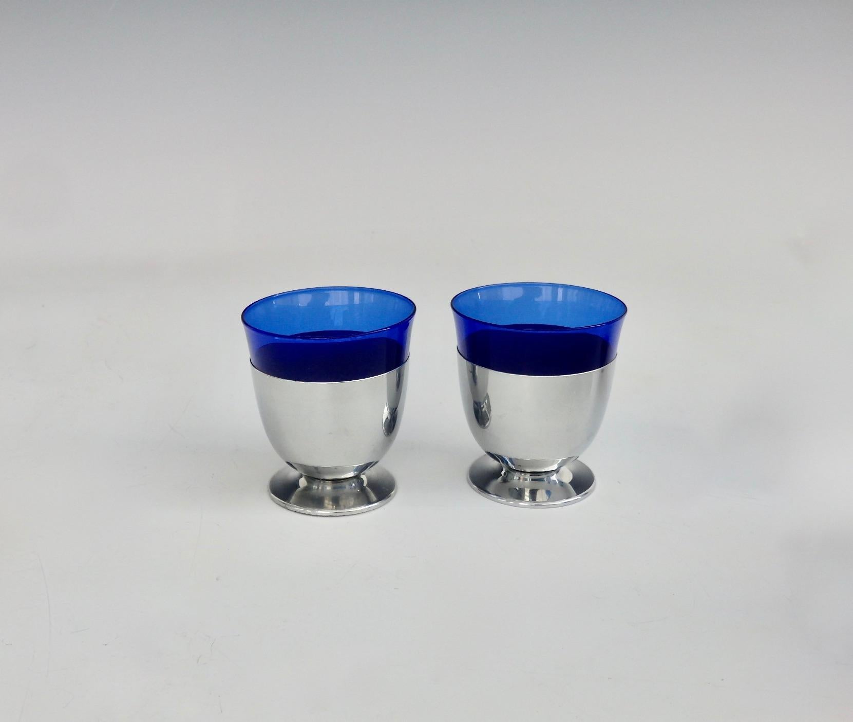 American Four Art Deco Monogramed Chrome with Cobalt Blue Glass Cocktail Glasses For Sale