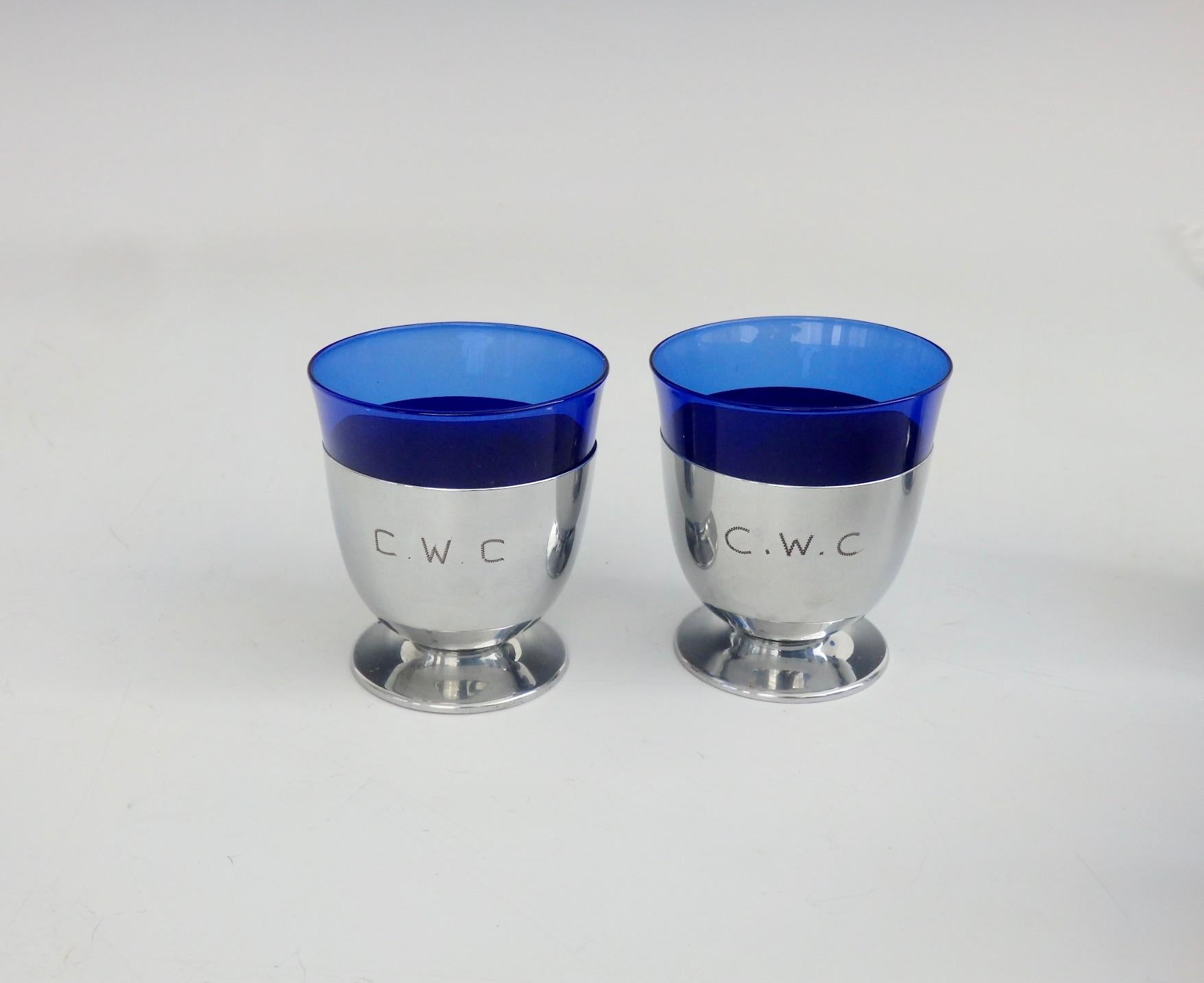 20th Century Four Art Deco Monogramed Chrome with Cobalt Blue Glass Cocktail Glasses For Sale