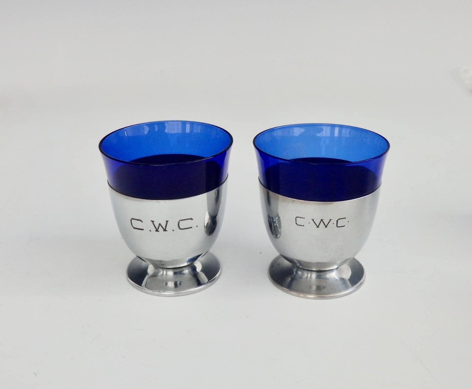 Four Art Deco Monogramed Chrome with Cobalt Blue Glass Cocktail Glasses For Sale 2