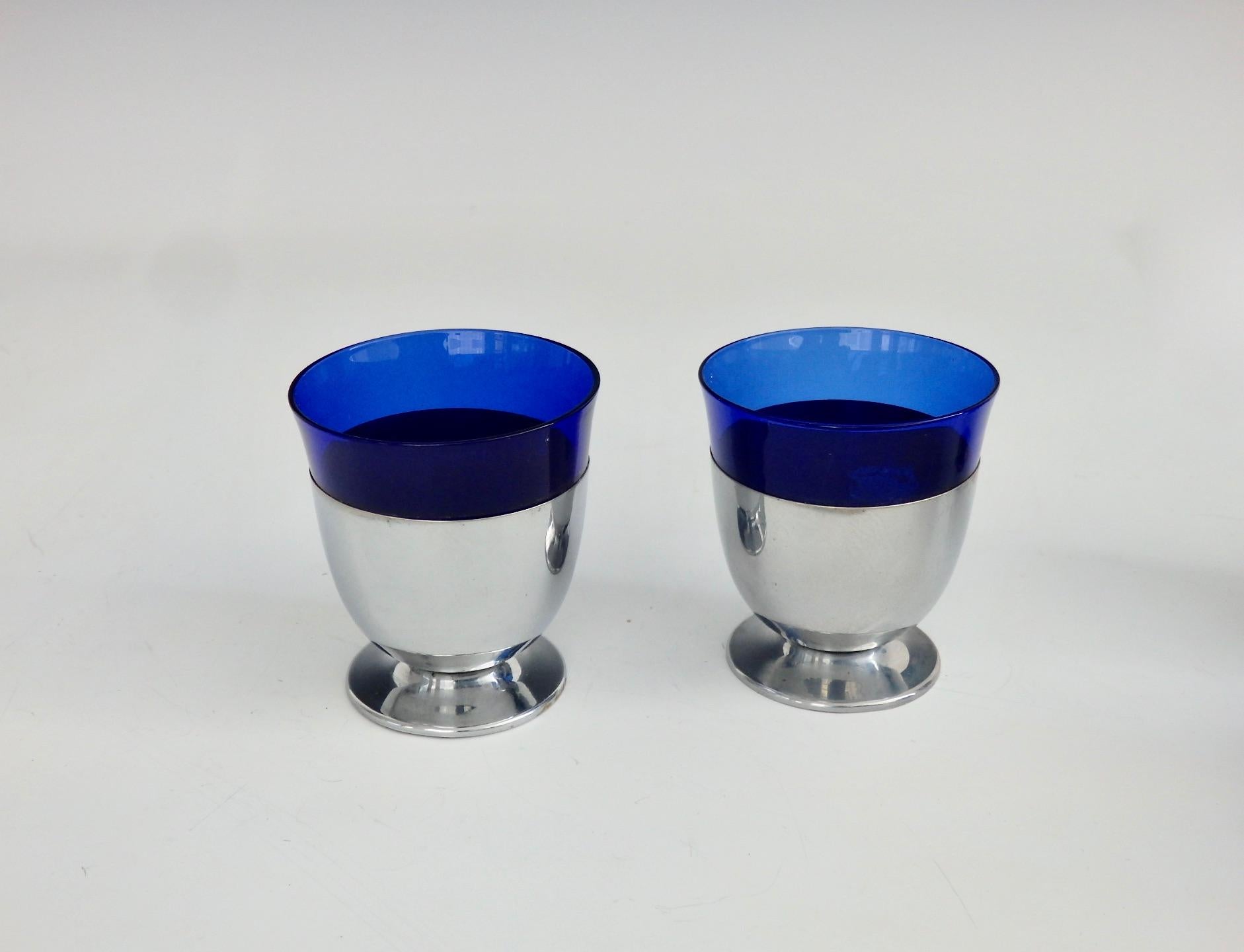 Four Art Deco Monogramed Chrome with Cobalt Blue Glass Cocktail Glasses For Sale 3