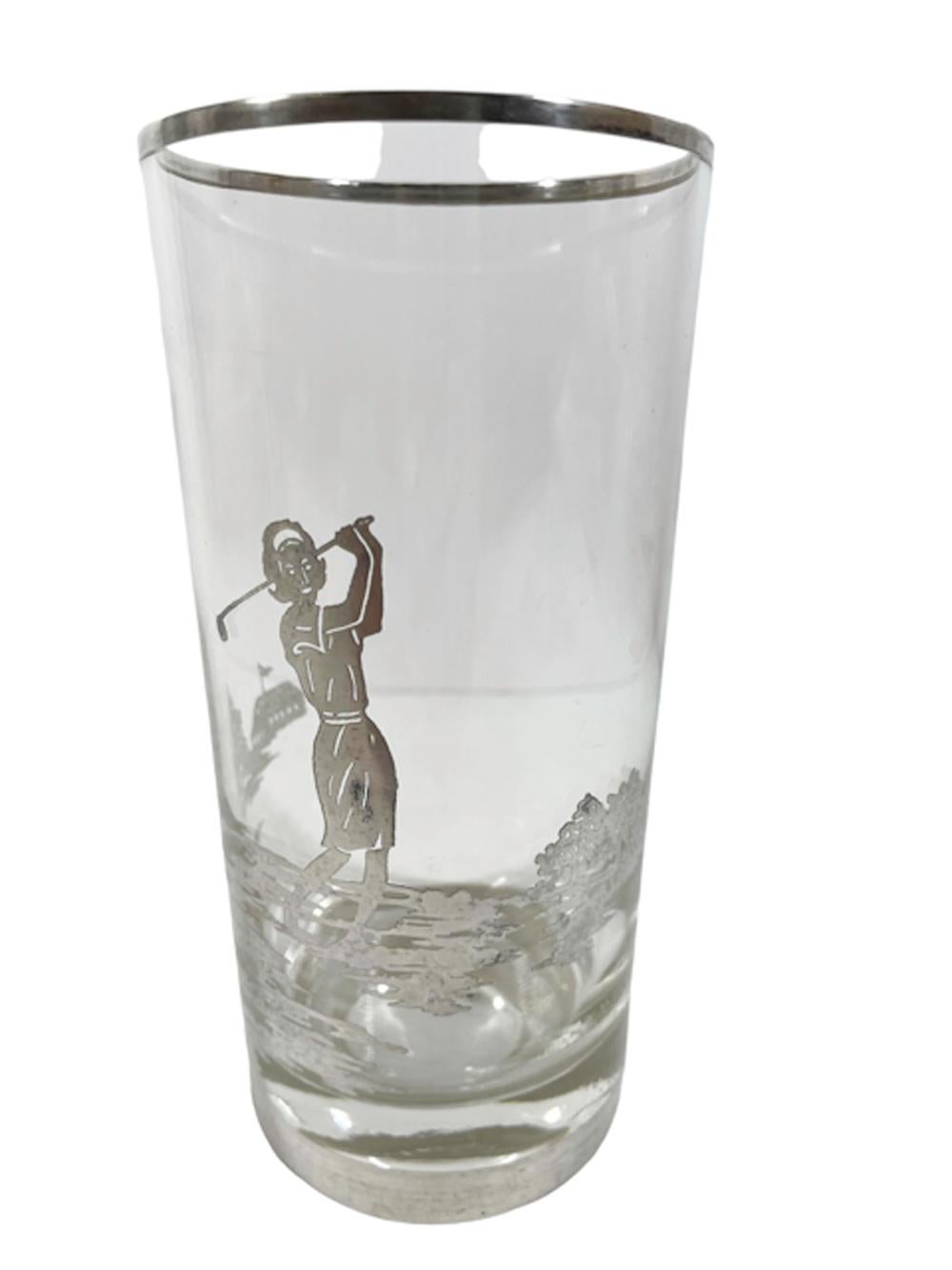 American Four Art Deco Silver Overlay Golf Theme Highball Glasses with a Woman Golfer For Sale