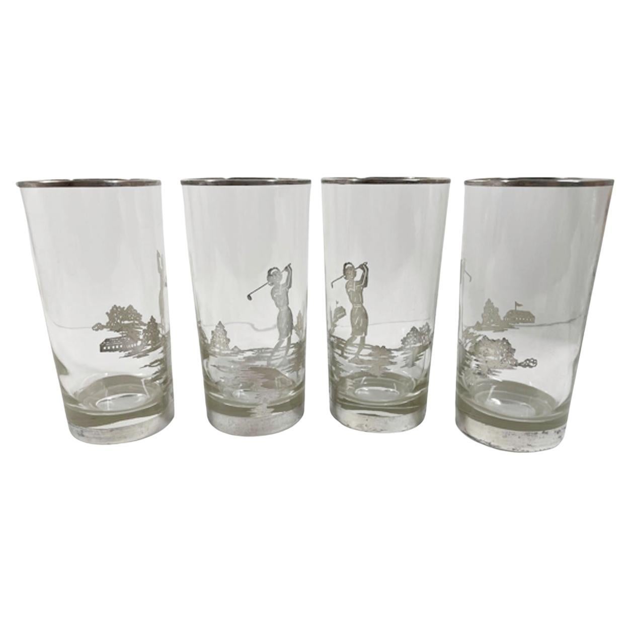 Four Art Deco Silver Overlay Golf Theme Highball Glasses with a Woman Golfer For Sale