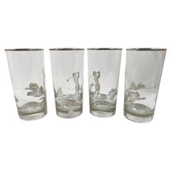 Antique Four Art Deco Silver Overlay Golf Theme Highball Glasses with a Woman Golfer