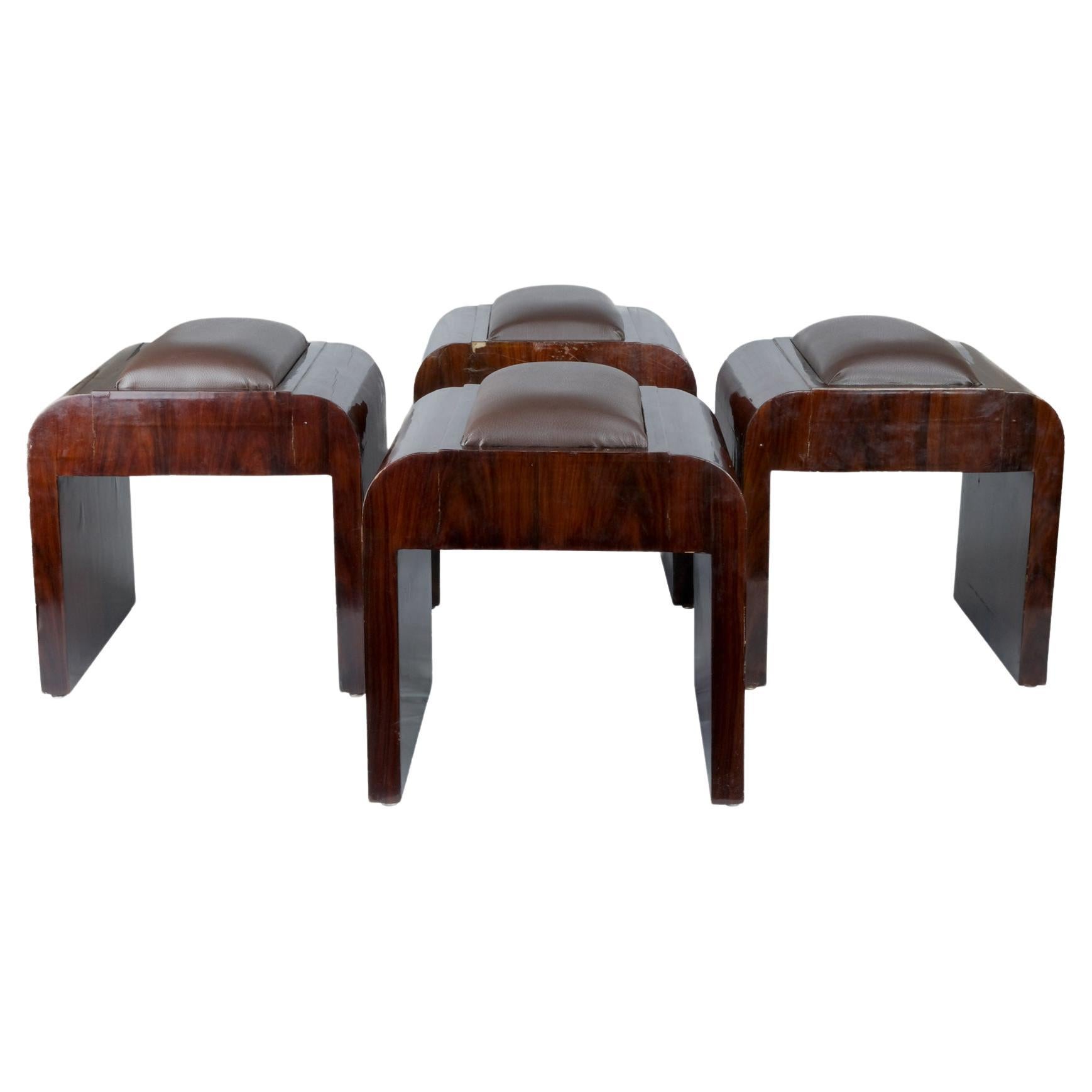 Four Art Deco stools from 1921, mahogany veneered wood trimmed with leather. For Sale