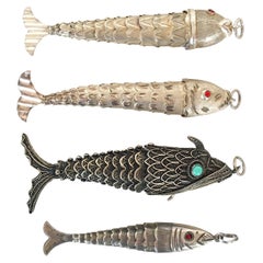 Four Movable Articulated Silver Fish Vintage Charm Pendants