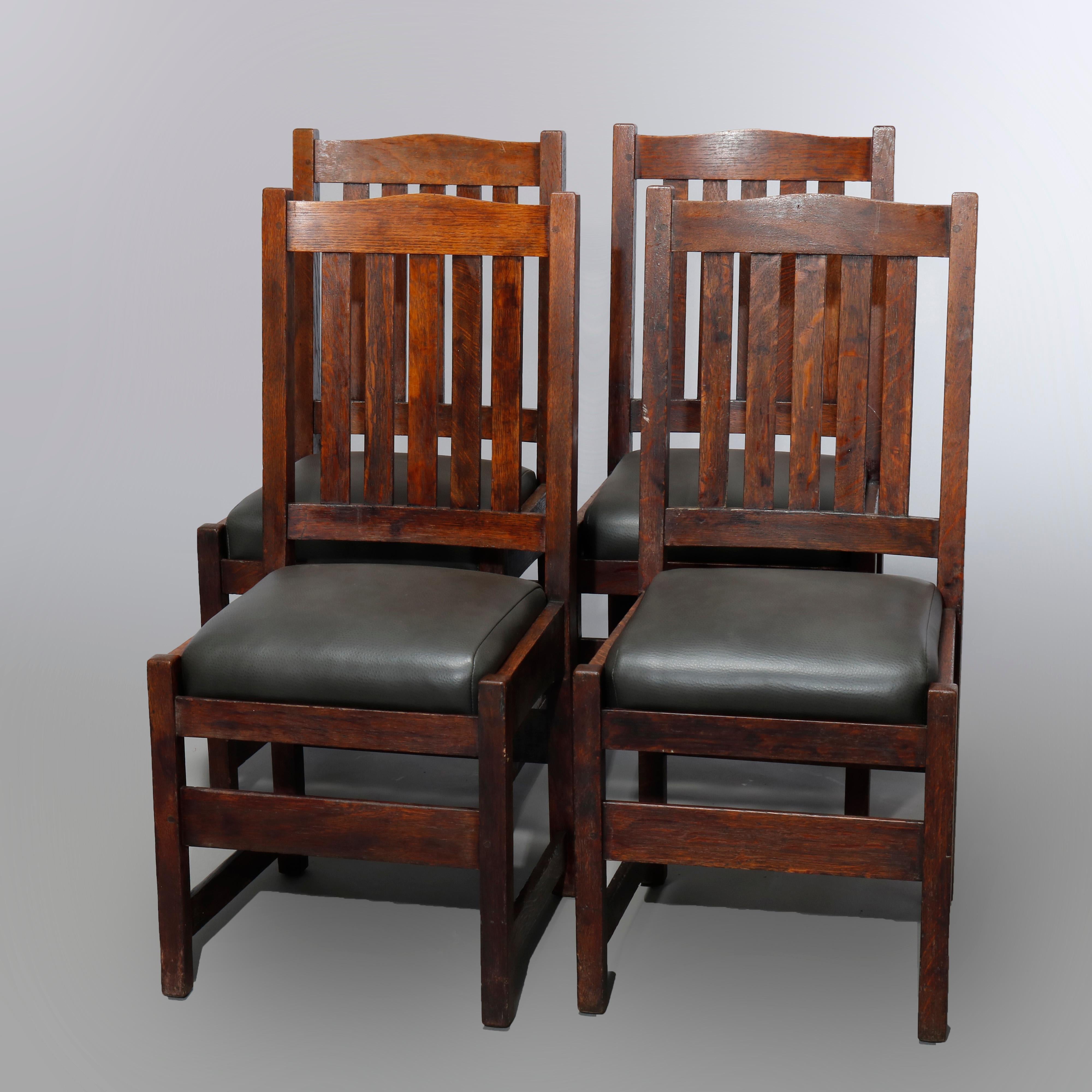 Four Arts & Crafts L&JG Stickley Mission Oak & Leather Dining Chairs, c1910 1